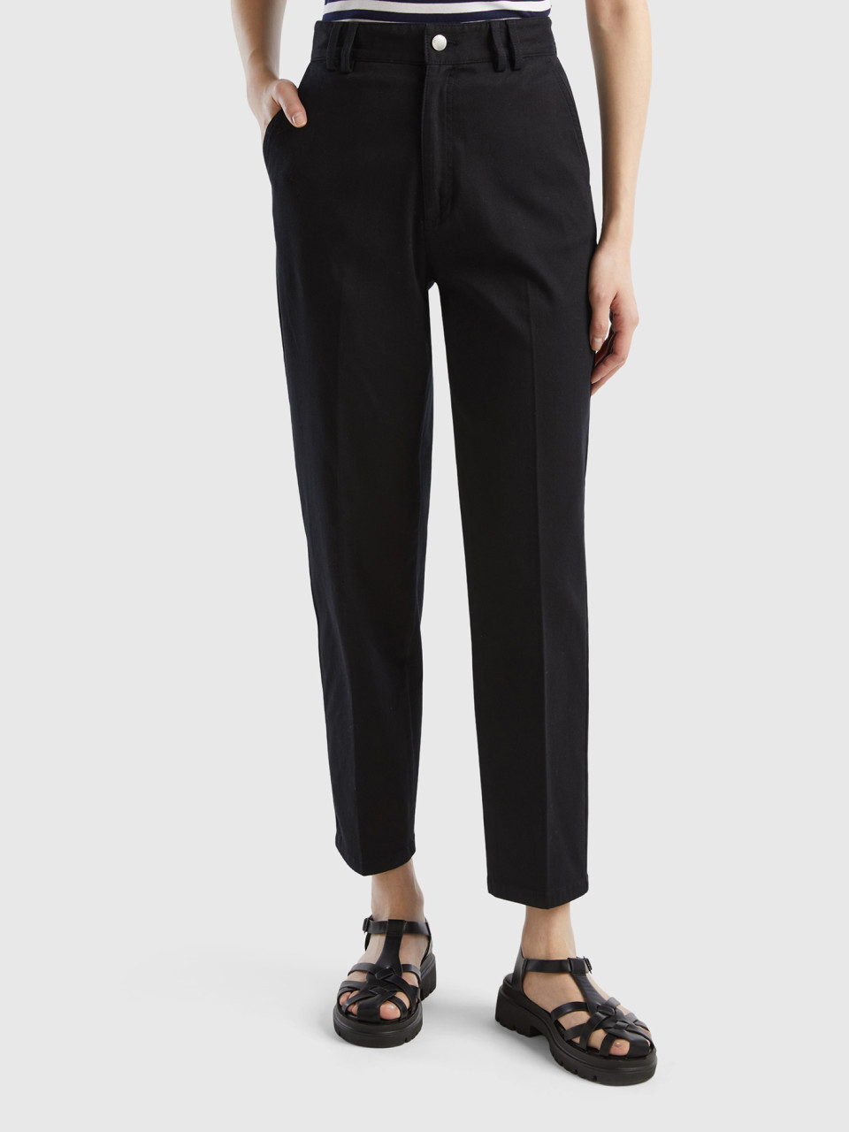 Benetton, Chino Trousers In Cotton And Modal®, Black, Women