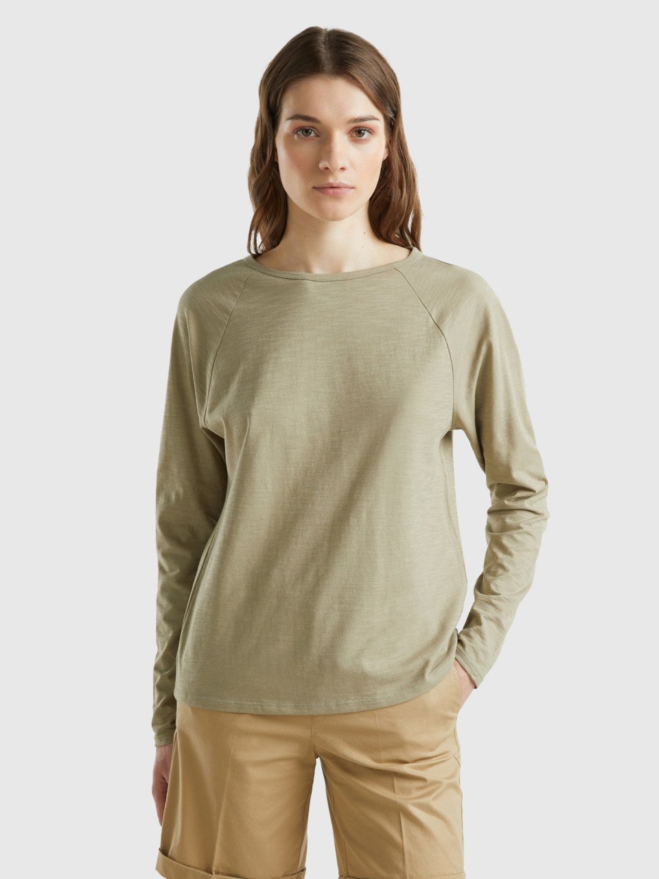 Benetton, Long Sleeve T-shirt In Light Cotton, Light Green, Women