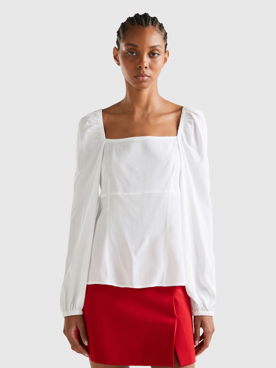 Benetton, Slim Fit Blouse With Square Neck, White, Women