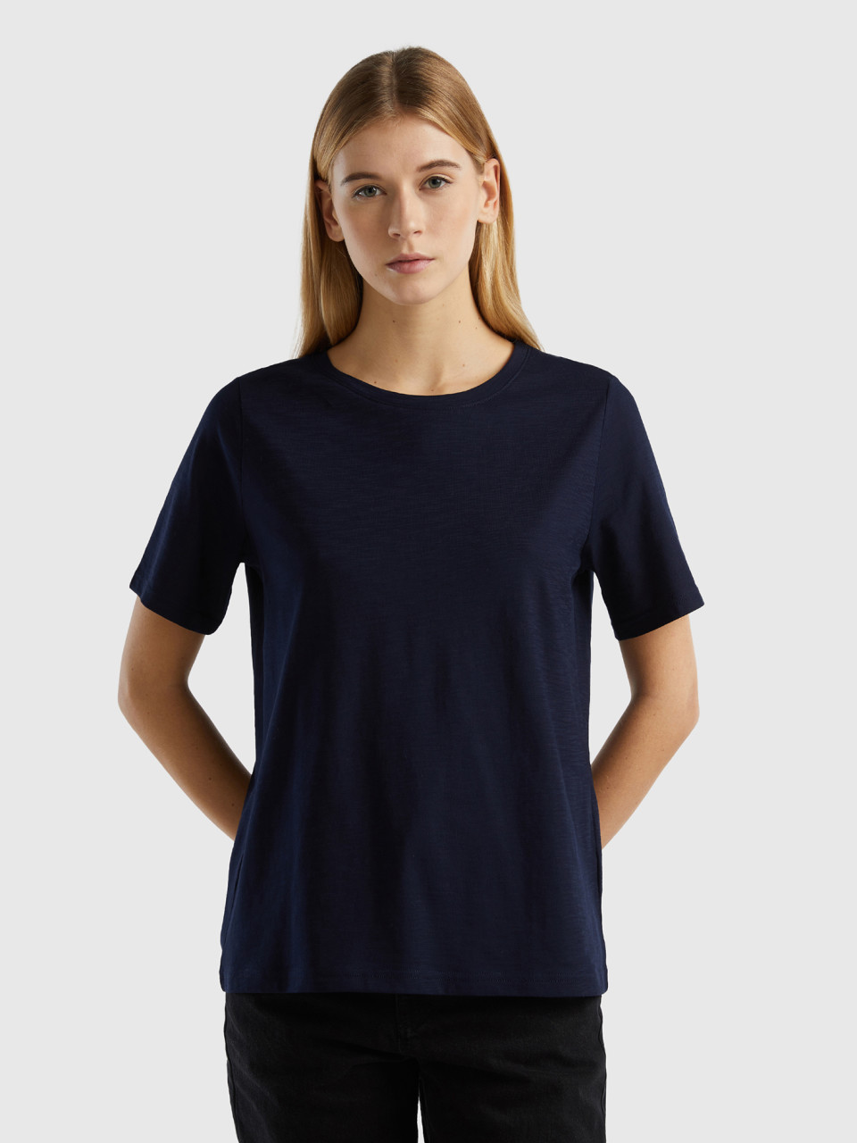 Benetton, Camiseta De Cuello Redondo De Algodón Flameado, Azul Oscuro, Mujer
