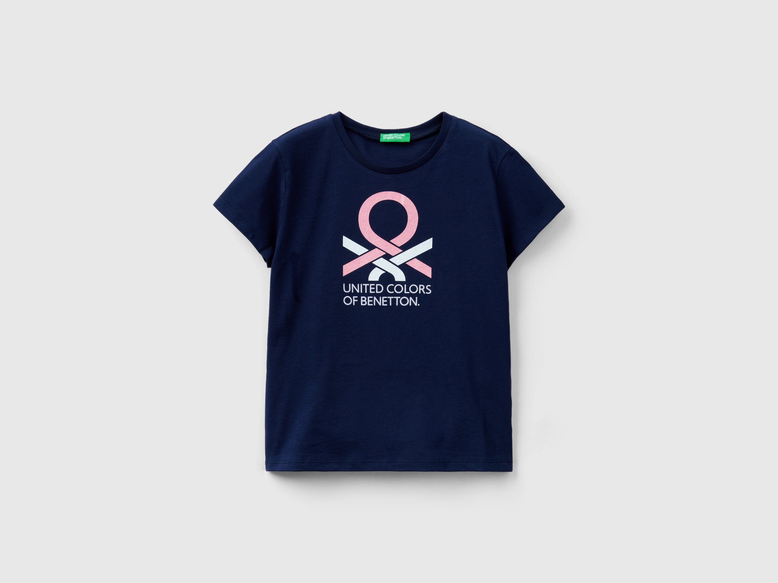 Image of Benetton, T-shirt With Glittery Logo In Organic Cotton, size L, Dark Blue, Kids