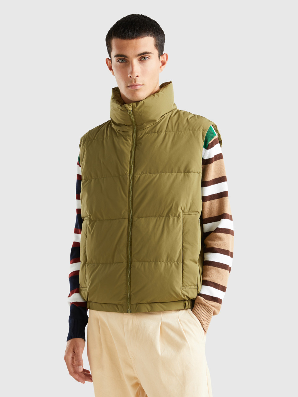 Benetton, Sleeveless Padded Jacket With Recycled Down, Military Green, Men