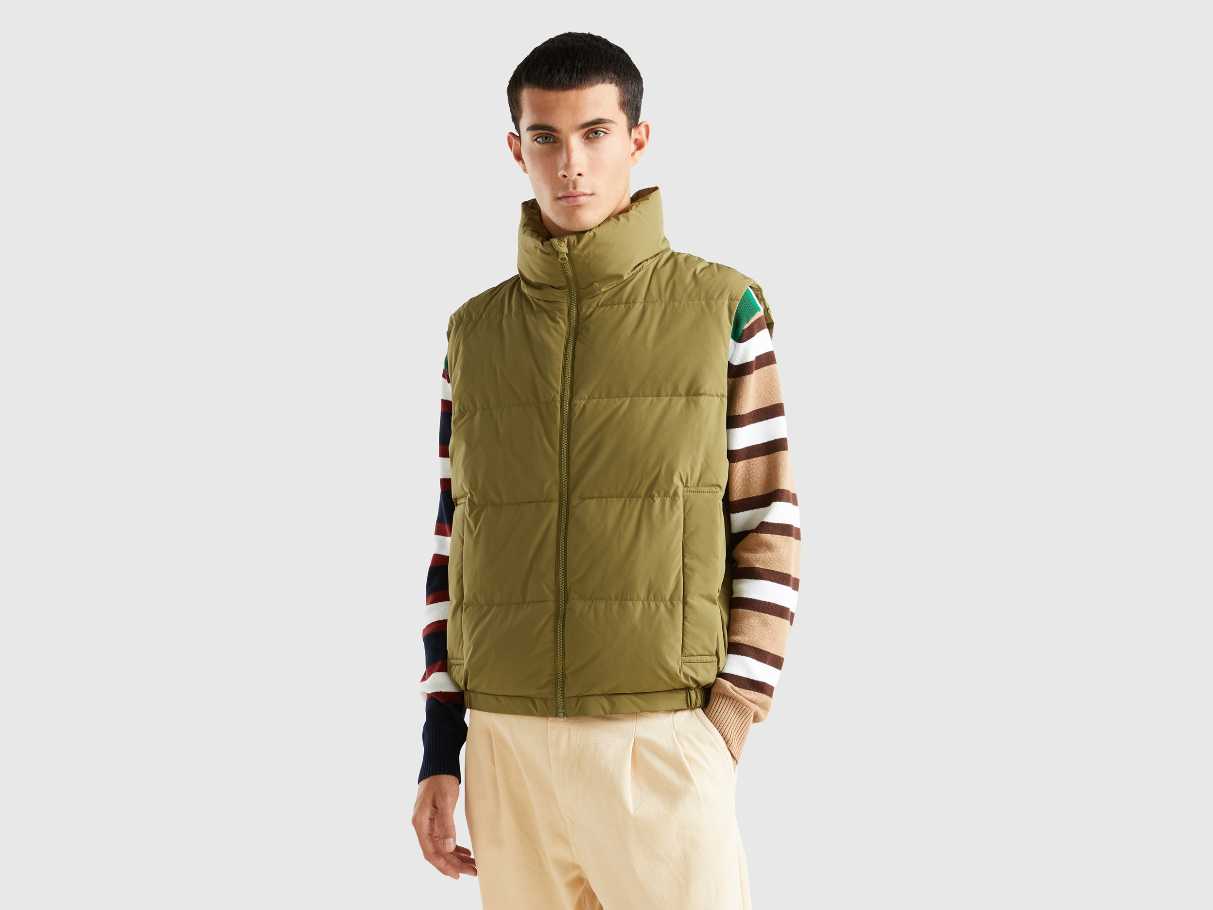 Benetton, Sleeveless Padded Jacket With Recycled Down, size L, Military Green, Men