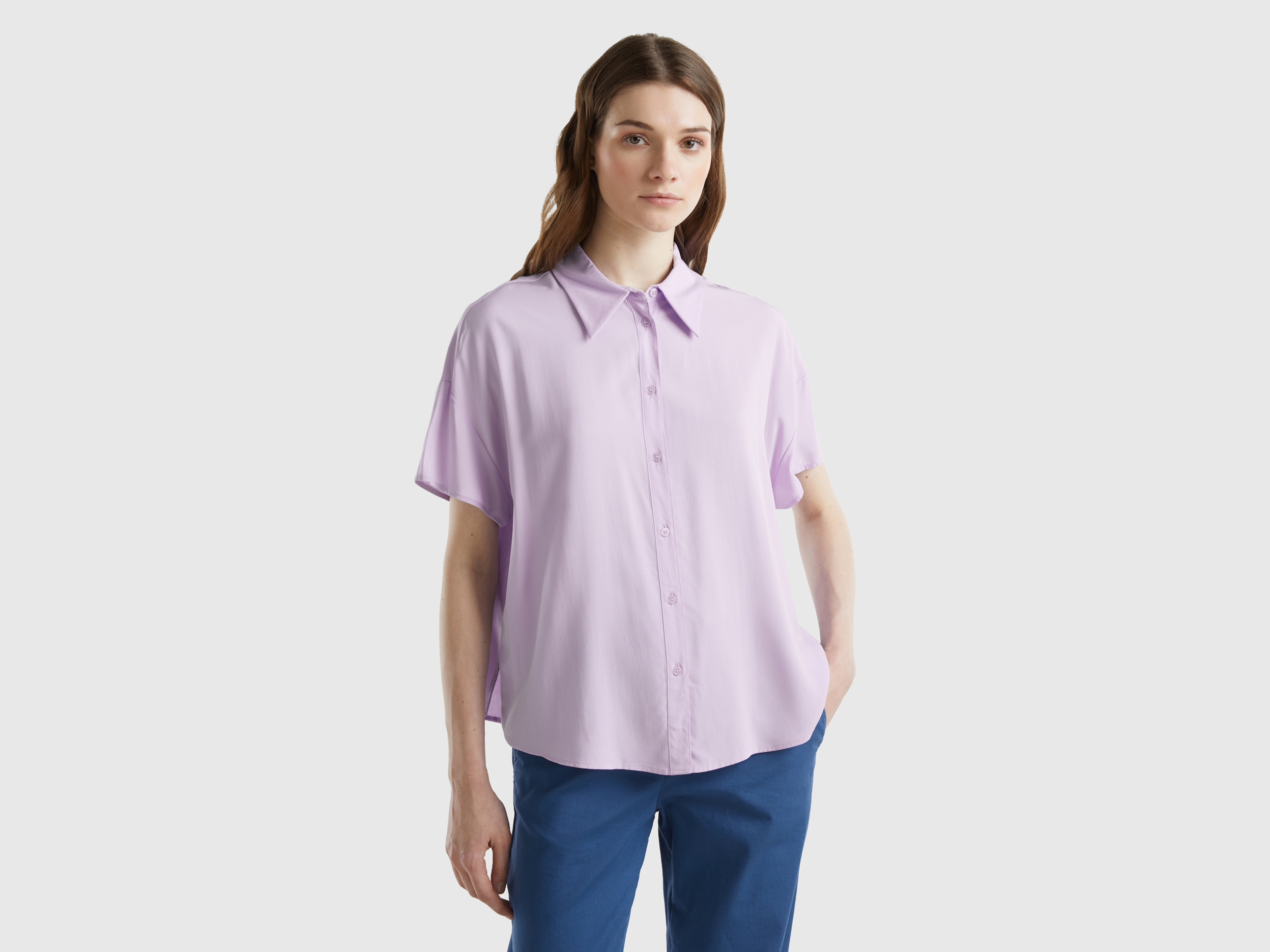 Benetton, Camicia A Manica Corta In Viscosa Sostenibile, Lilla, Donna