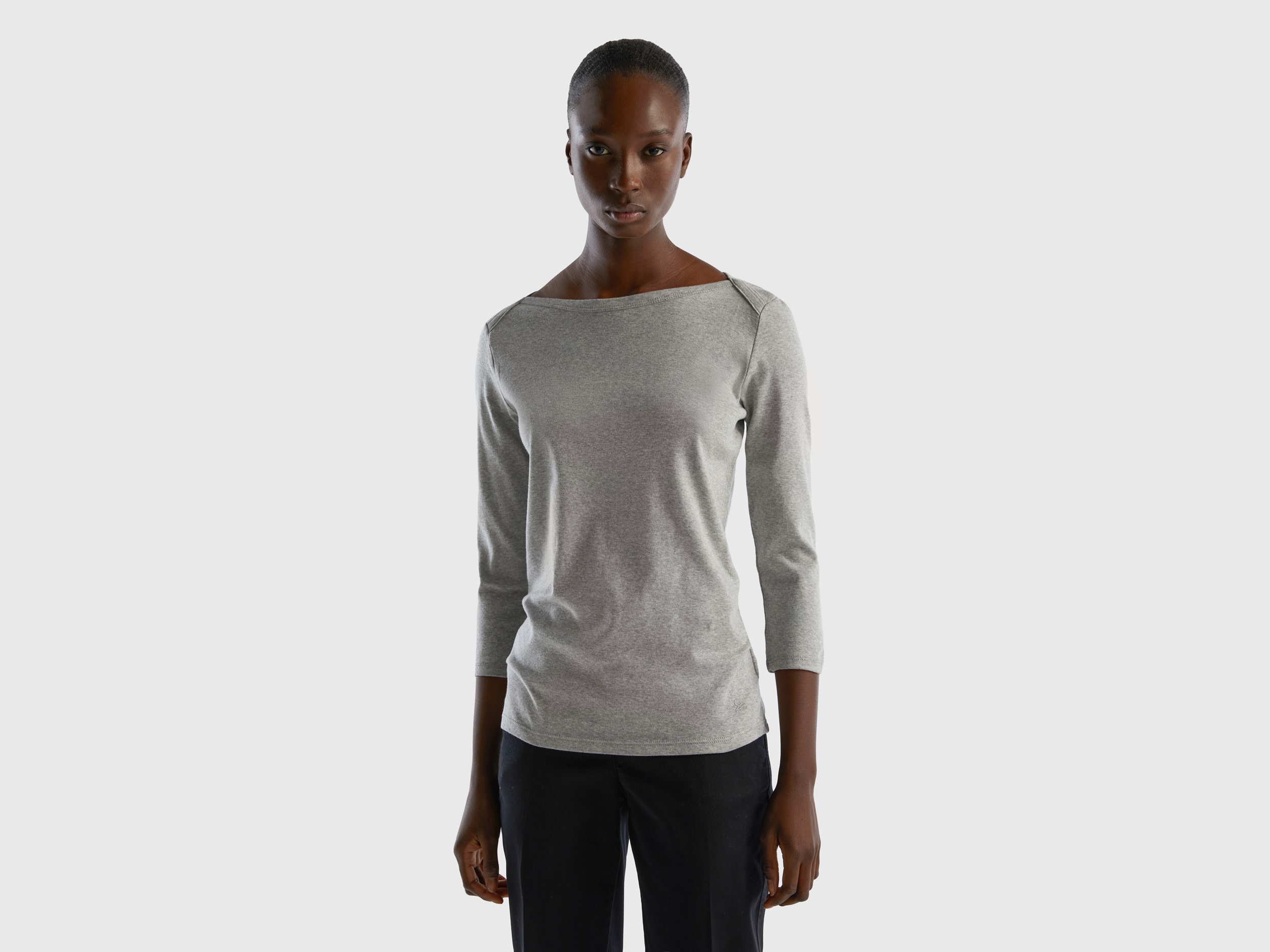 Benetton, T-shirt With Boat Neck In 100% Cotton, size L, Light Gray, Women