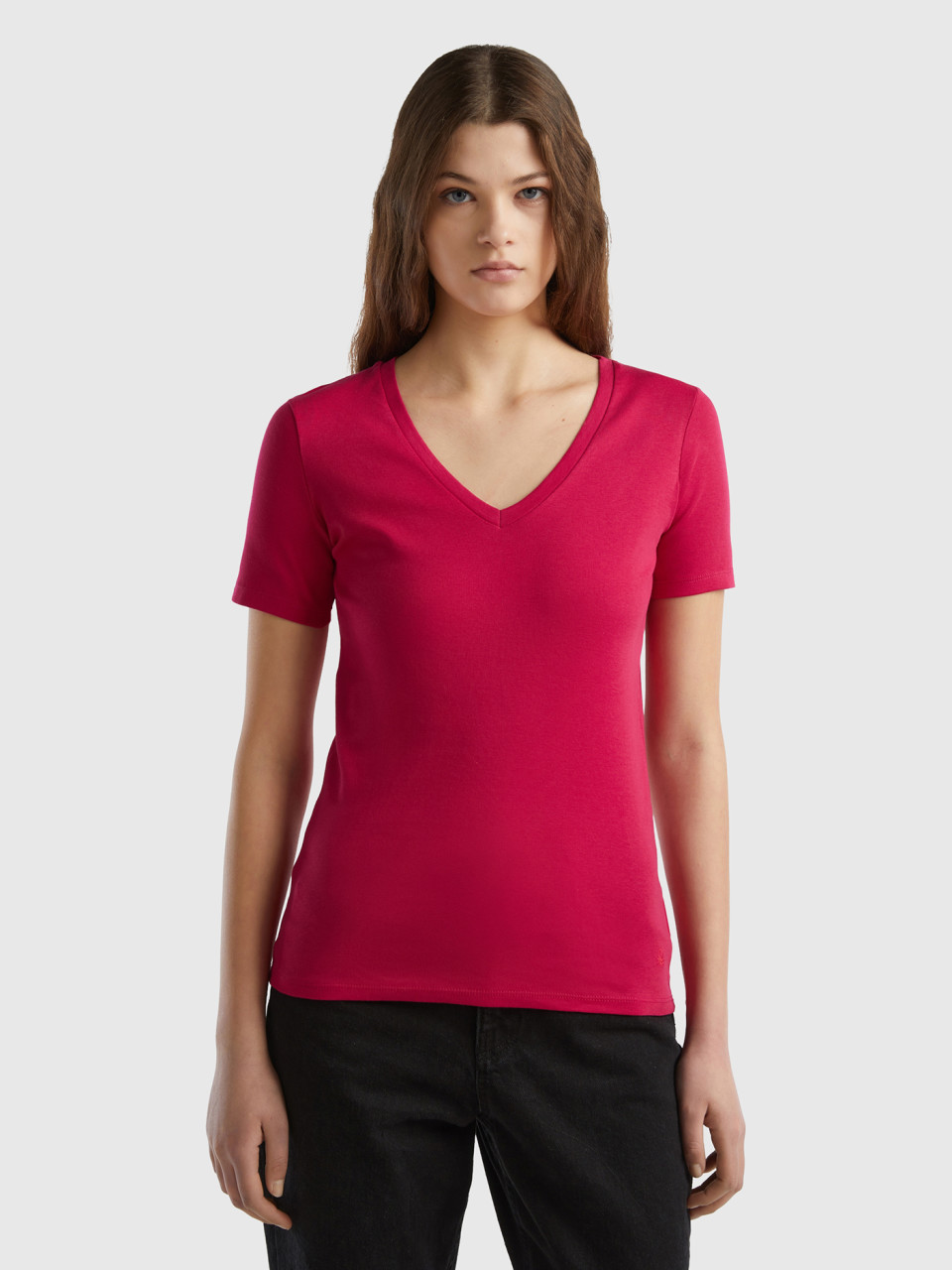 Benetton, Pure Cotton T-shirt With V-neck, Cyclamen, Women
