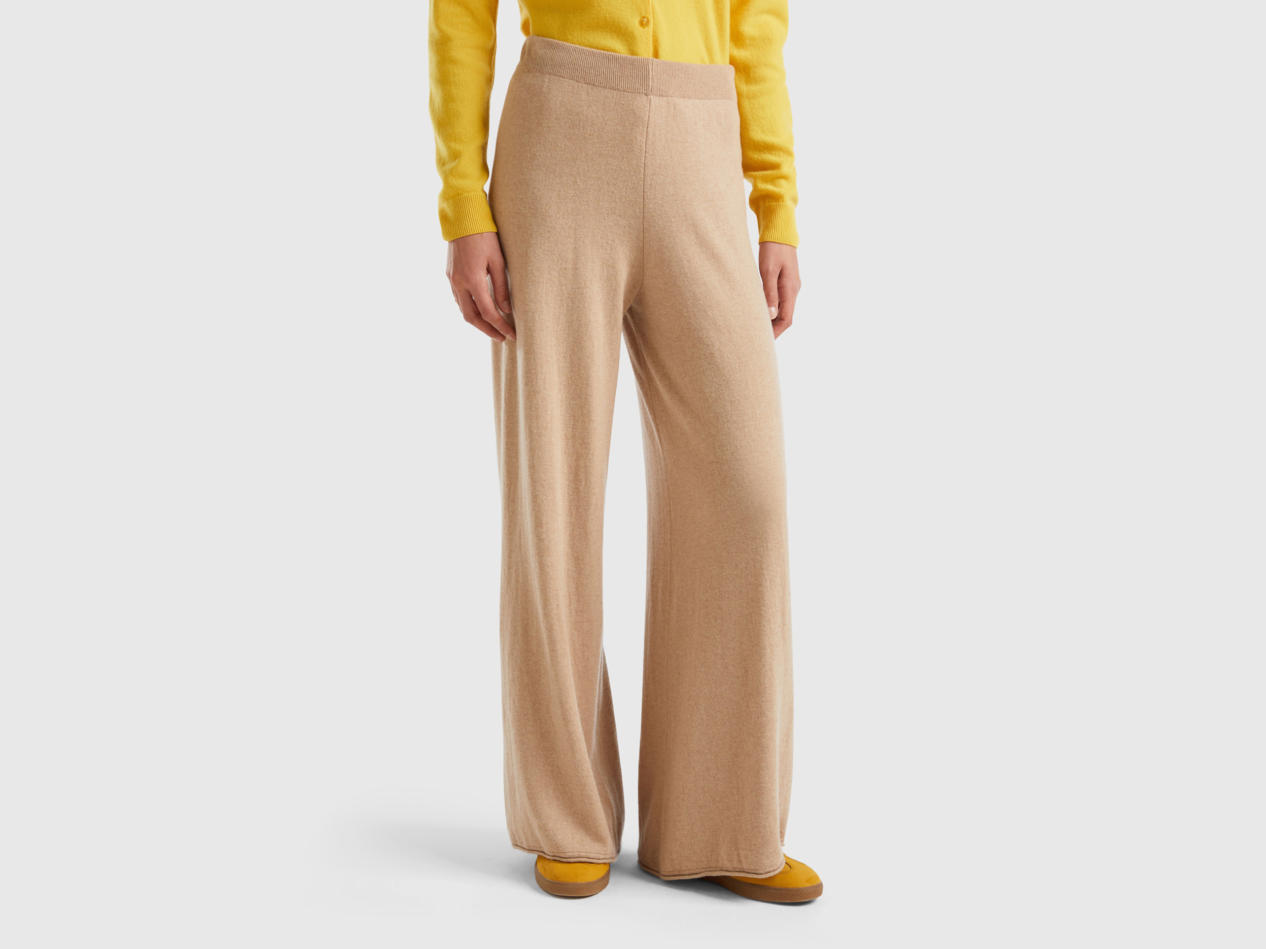 Benetton, Beige Wide Leg Trousers In Cashmere And Wool Blend, size L, Beige, Women