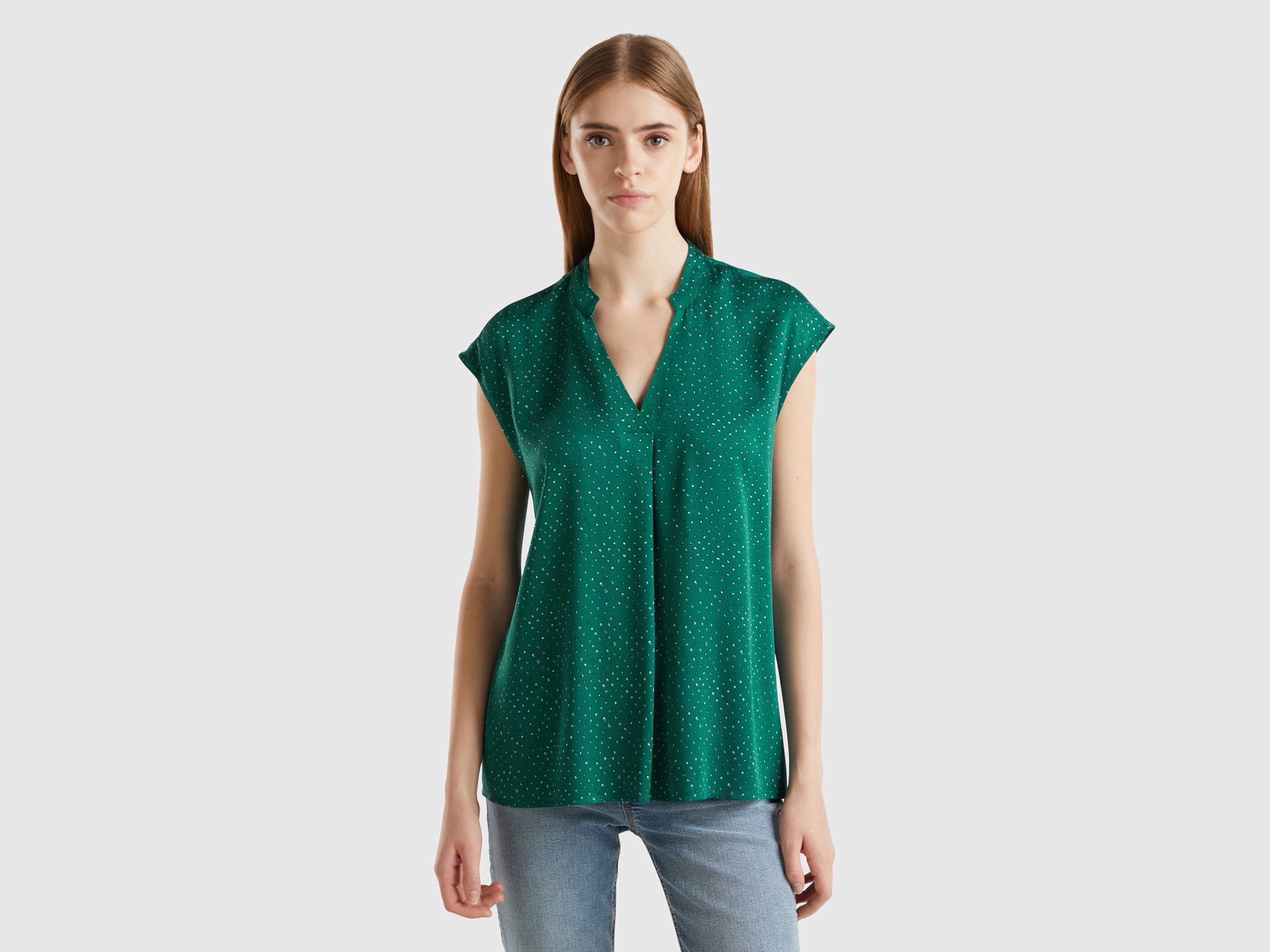 Benetton, Blusa A Pois In Viscosa Sostenibile, Verde Scuro, Donna