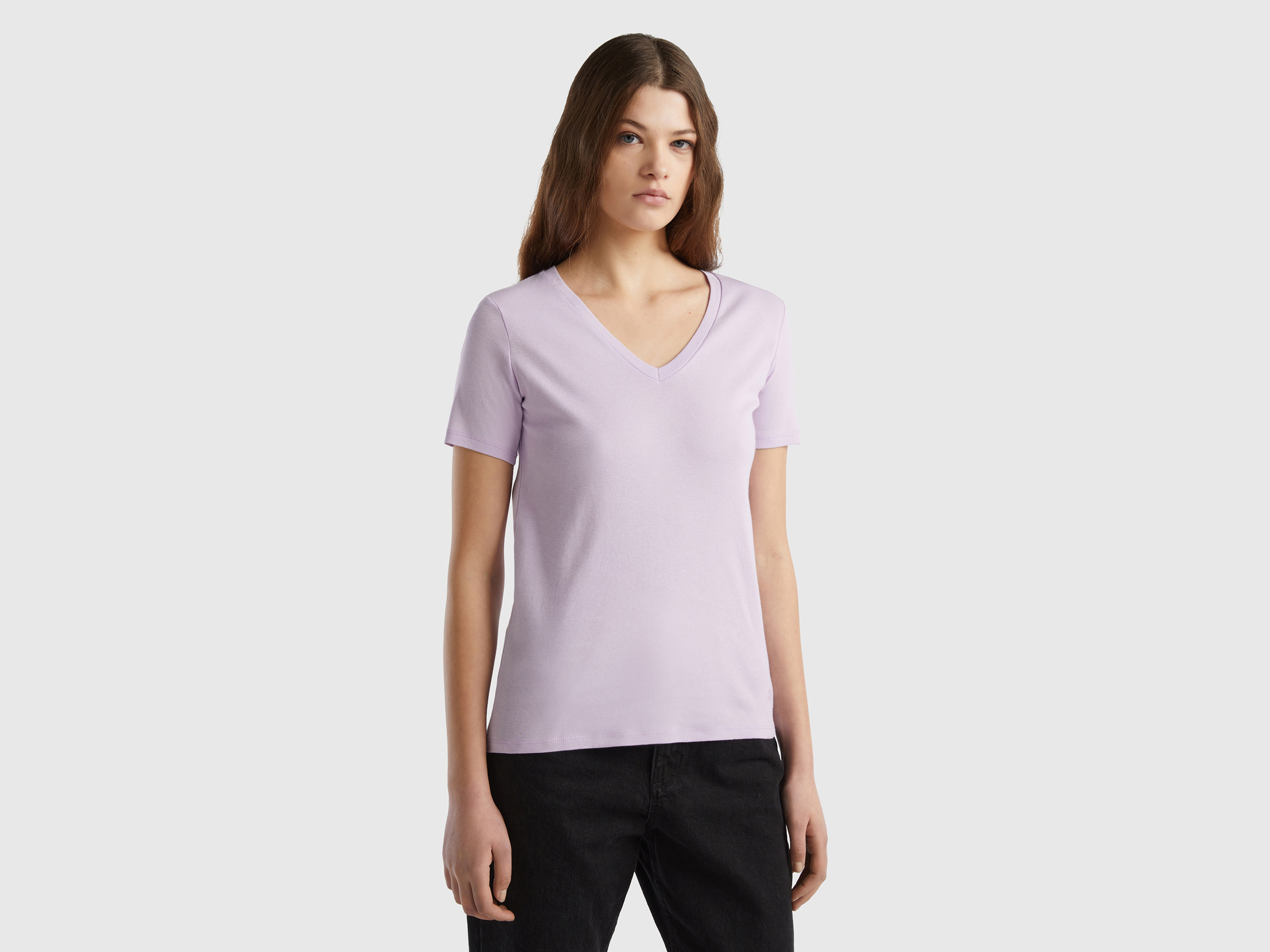 Benetton, Pure Cotton T-shirt With V-neck, size XXS, Lilac, Women