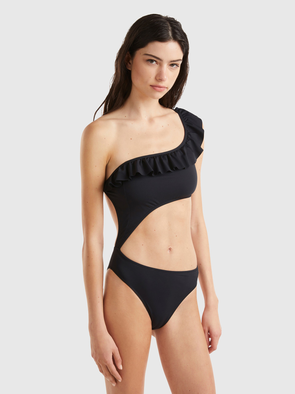 Benetton, One-piece One-shoulder Swimsuit In Econyl®, Black, Women