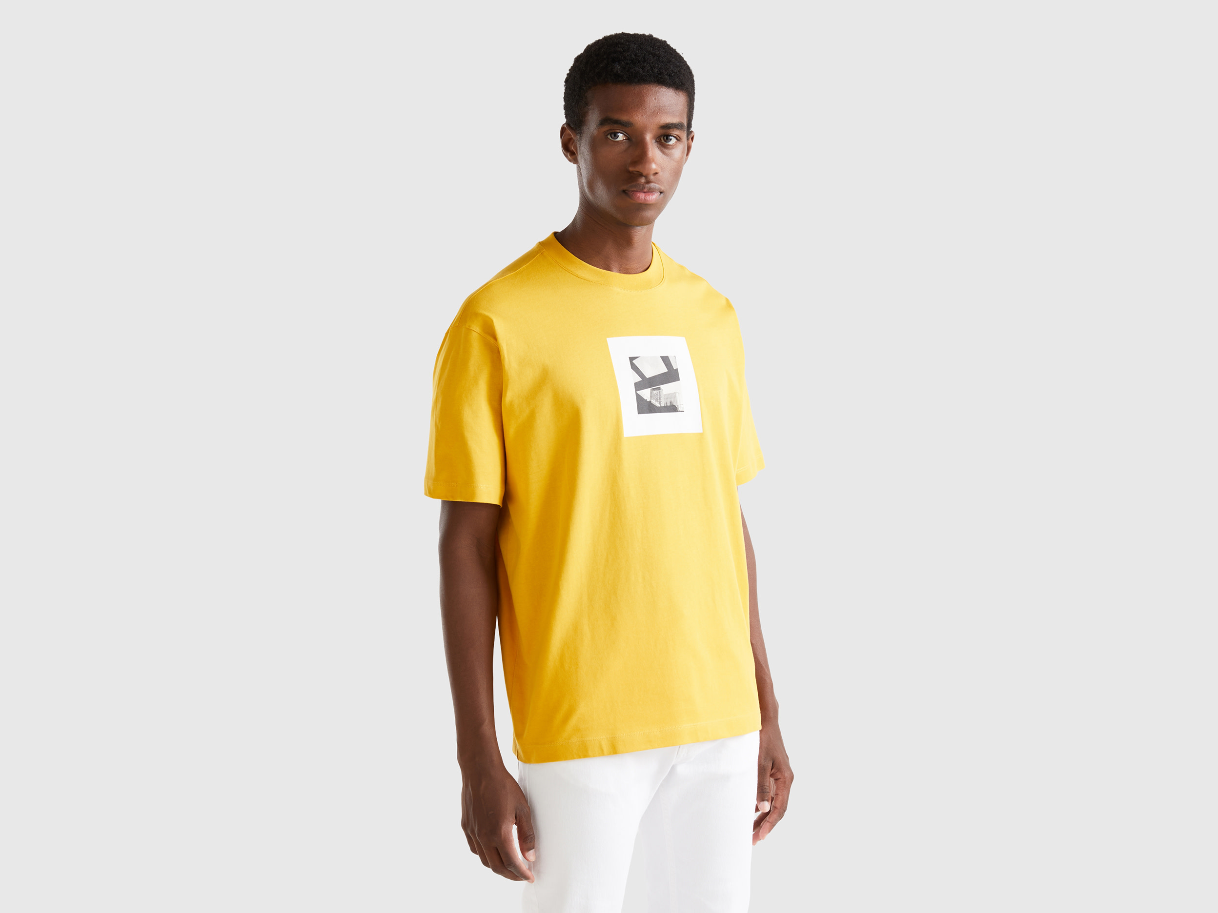 Benetton, Boxy Fit T-shirt With Print, size XXL, Yellow, Men