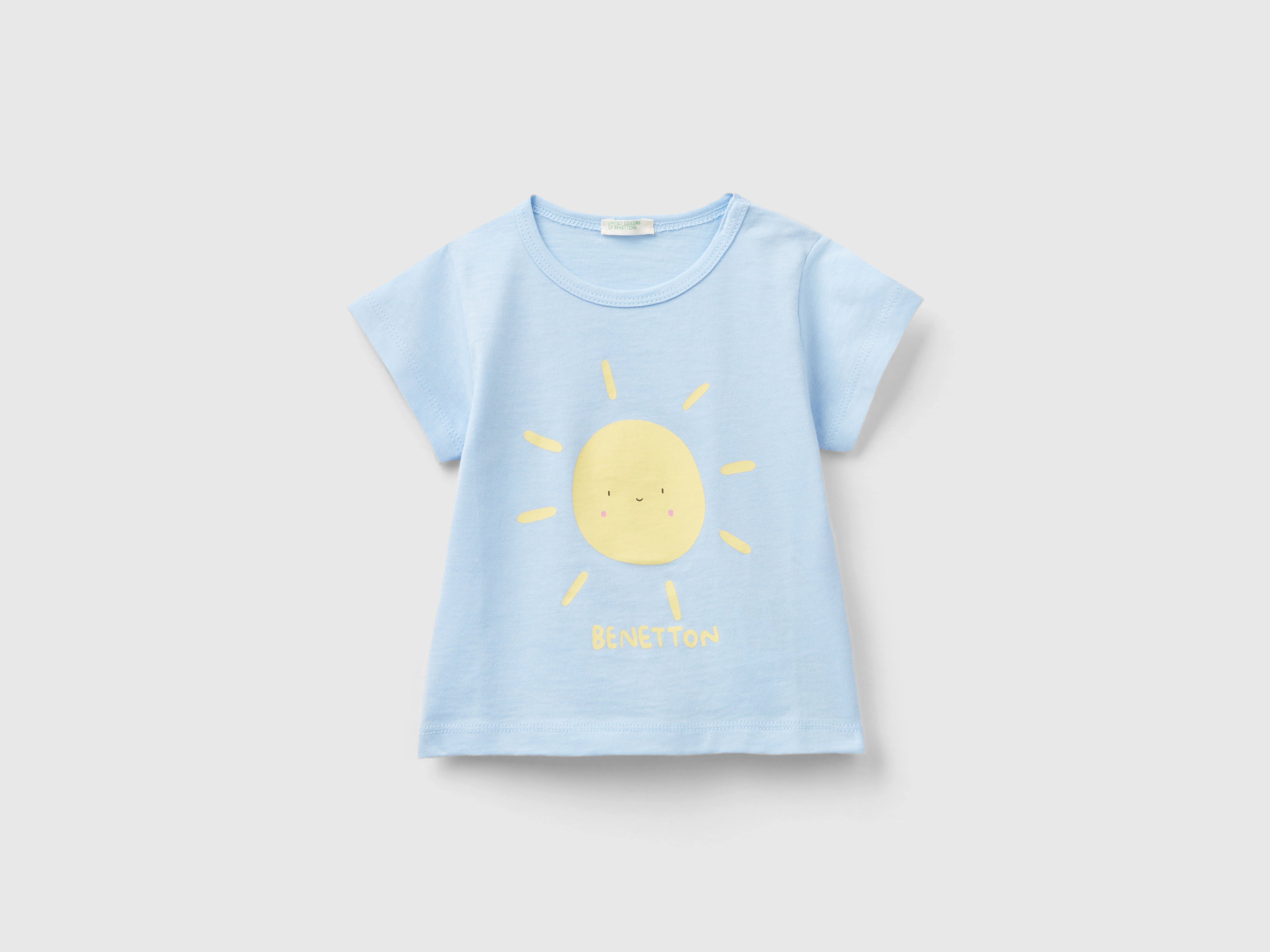 Image of Benetton, Organic Cotton T-shirt With Print, size 62, Sky Blue, Kids