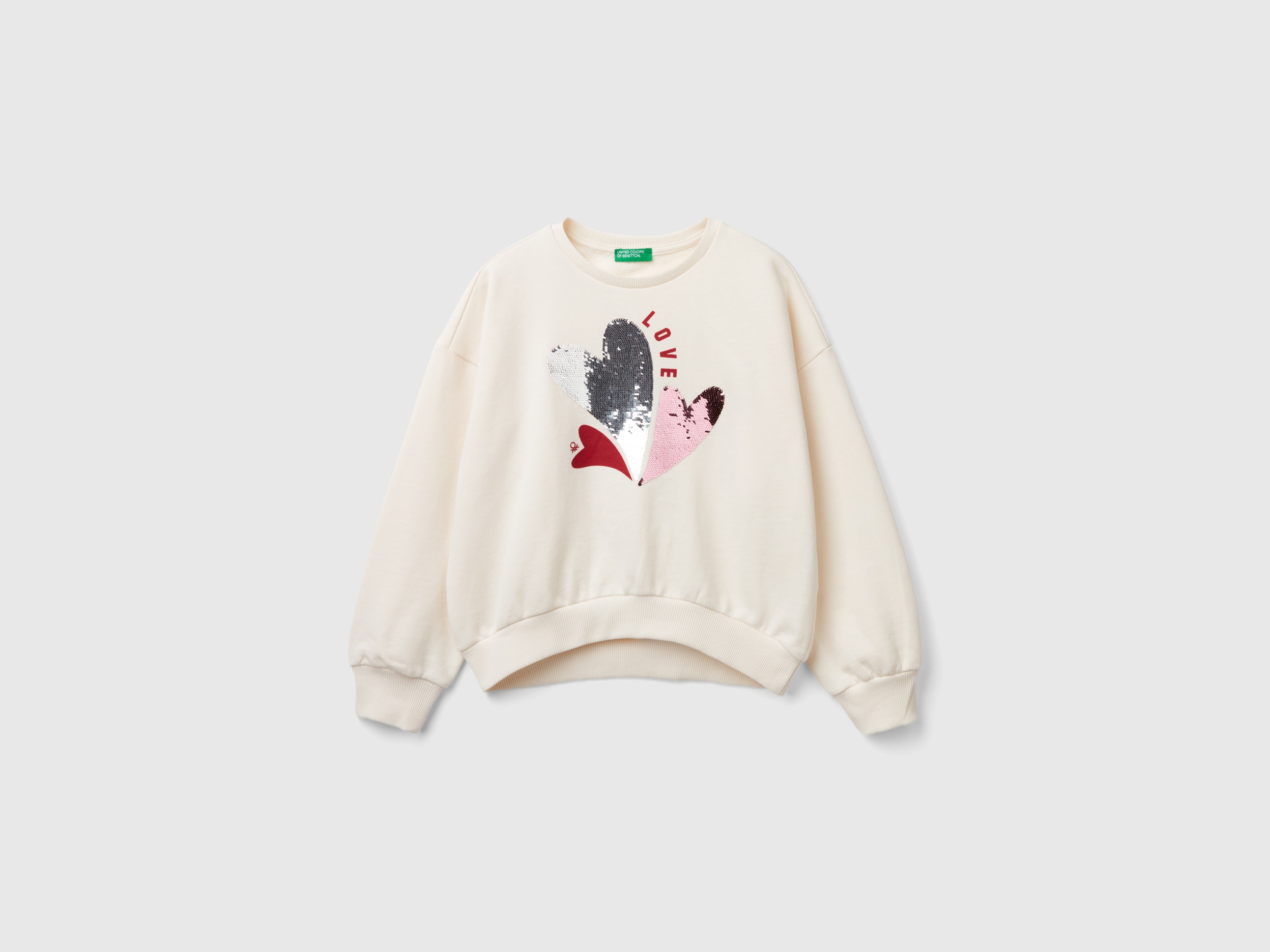 Benetton, Felpa Con Paillettes, Bianco Panna, Bambini