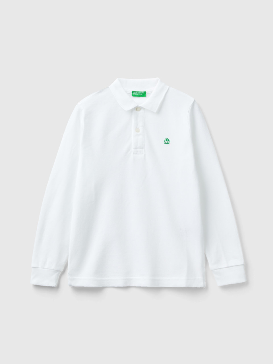 Benetton, 100% Organic Cotton Long Sleeve Polo, White, Kids