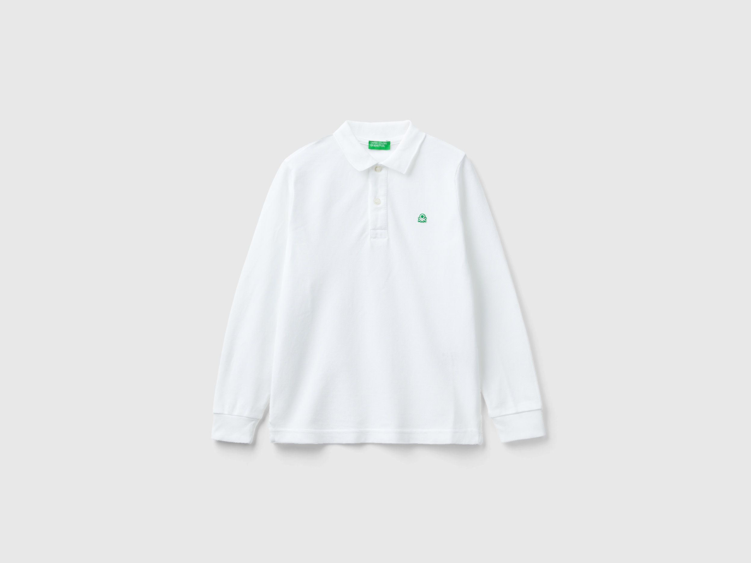 Image of Benetton, 100% Organic Cotton Long Sleeve Polo, size S, White, Kids