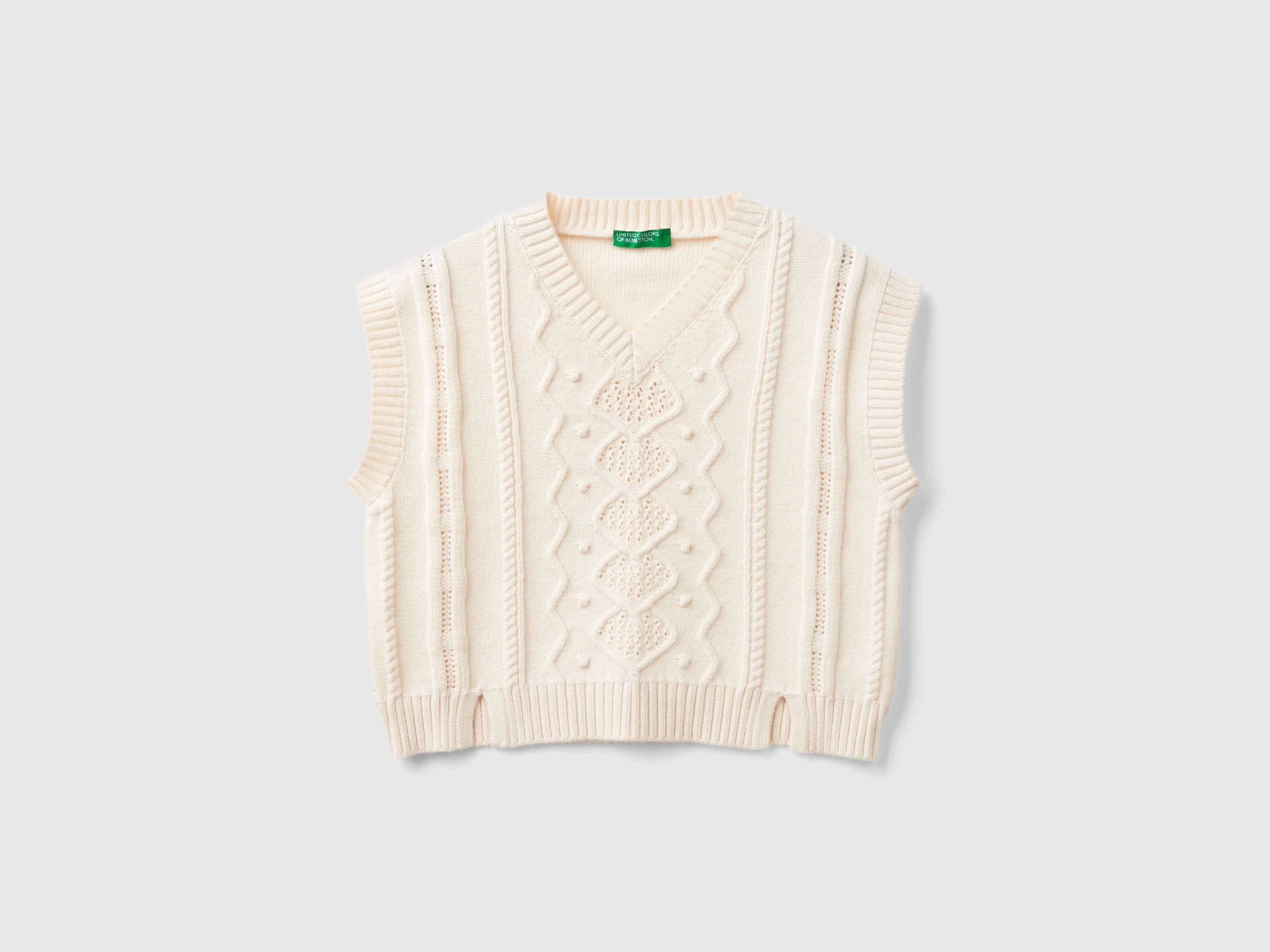 Benetton, Gilet Lavorato, Bianco Panna, Bambini