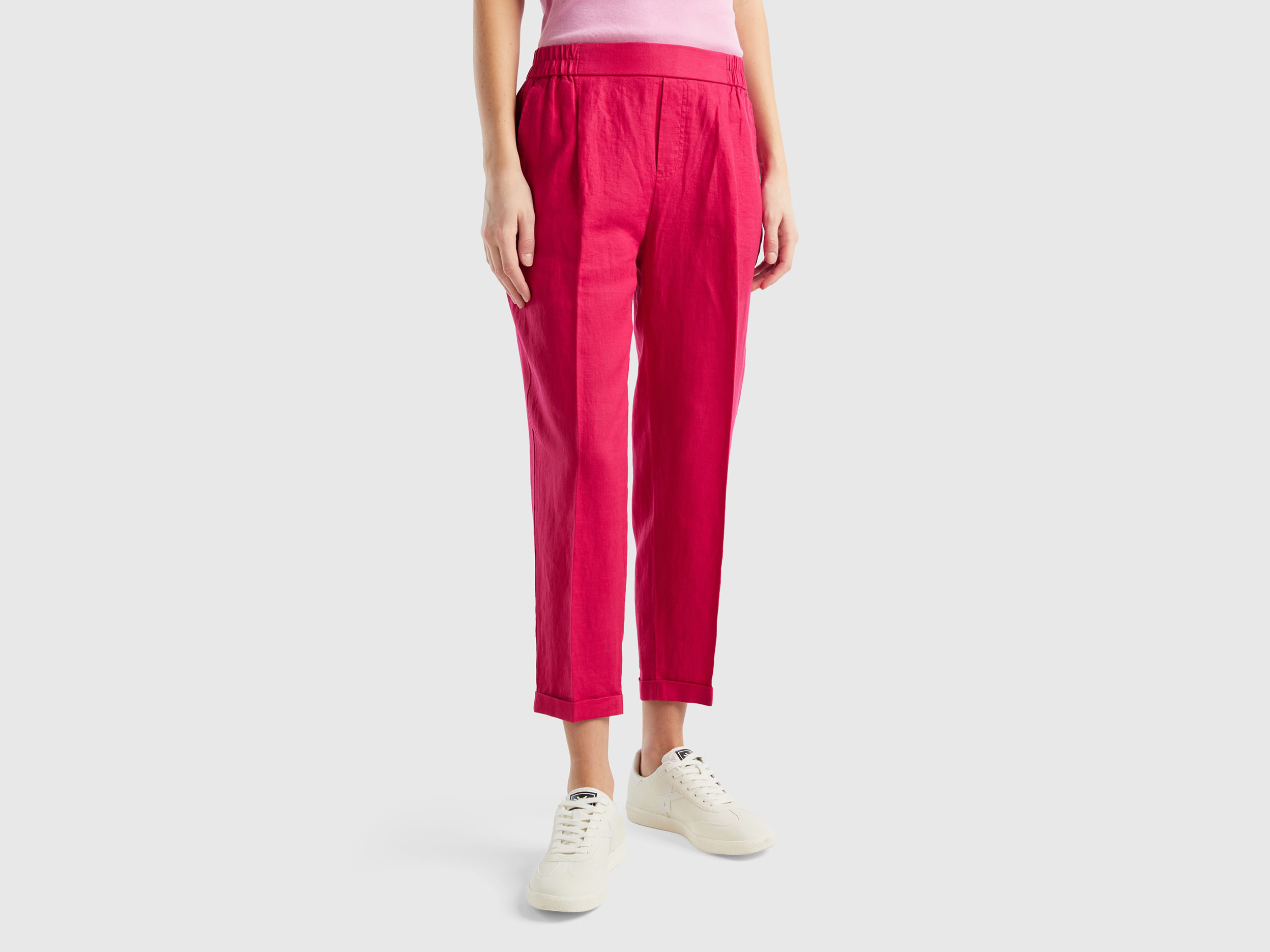 Benetton, Pantaloni Cropped In 100% Lino, Ciclamino, Donna