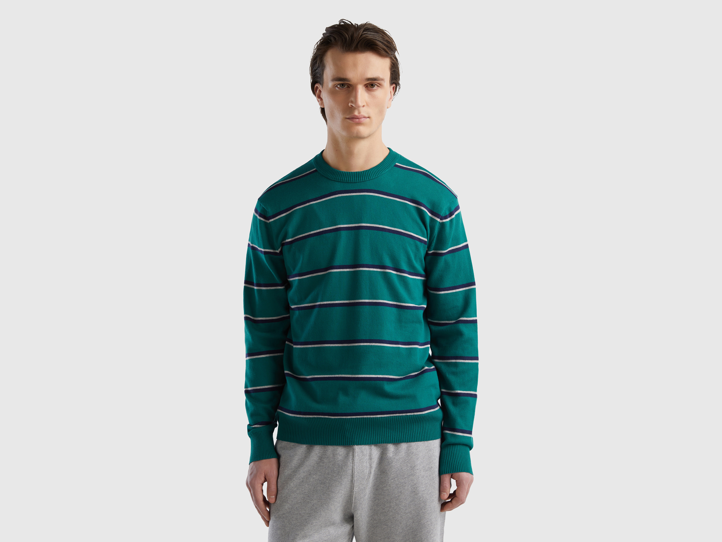 Benetton, Striped 100% Cotton Sweater, size L, Dark Green, Men