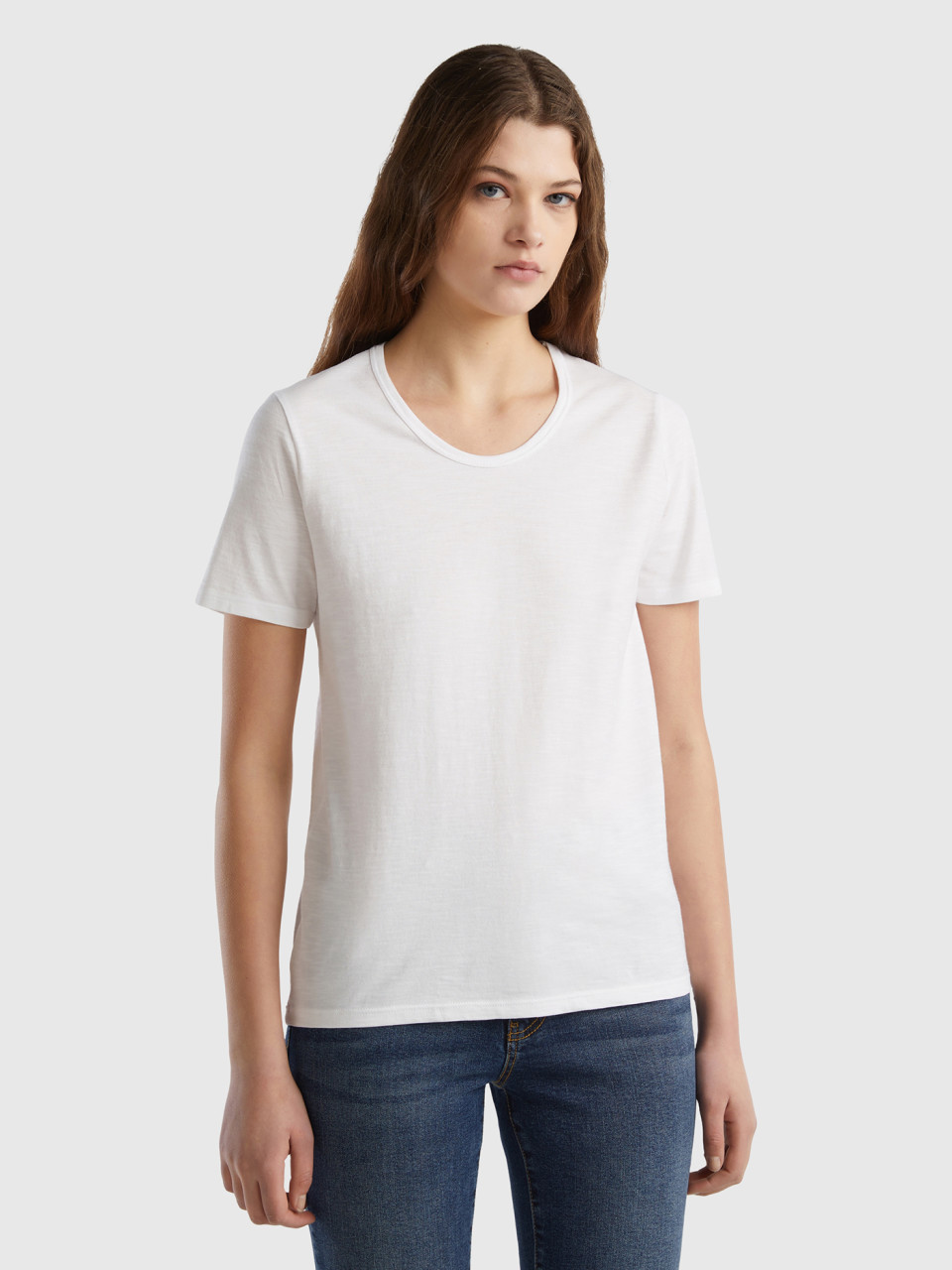 Benetton, T-shirt À Manches Courtes En Coton Léger, Blanc, Femme