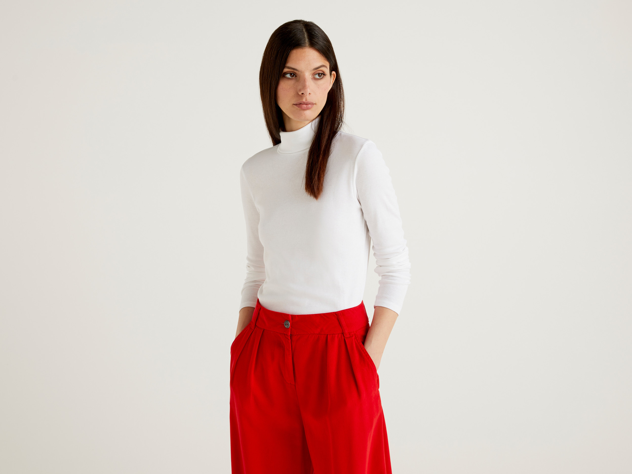 Benetton, T shirt A Manica Lunga Con Collo Alto, Bianco, Donna Benetton, T shirt A Manica Lunga Con Collo Alto, Bianco, Donna