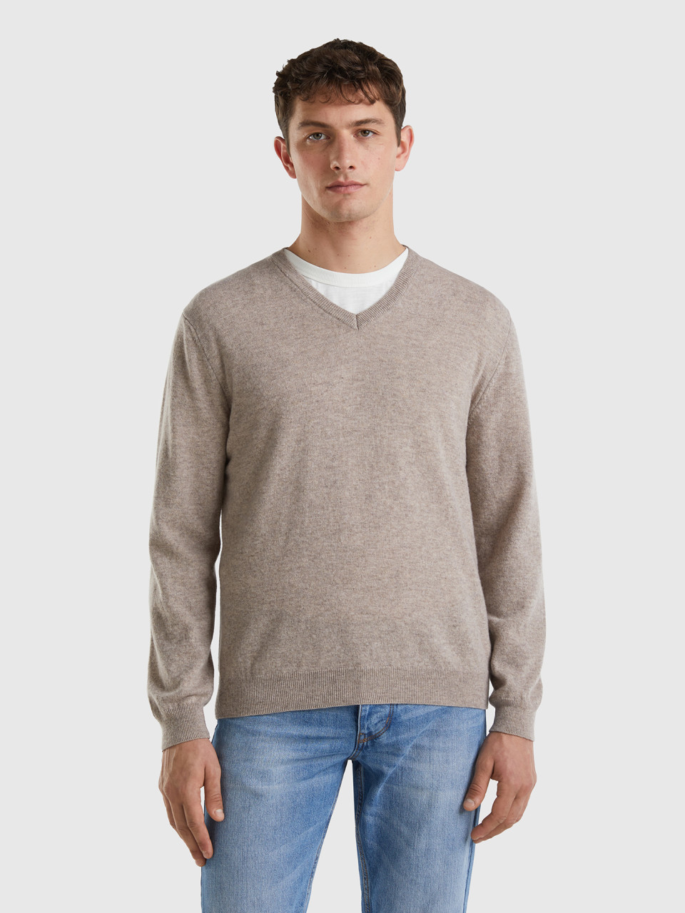 Benetton, Dove Gray V-neck Sweater In Pure Merino Wool, Dove Gray, Men