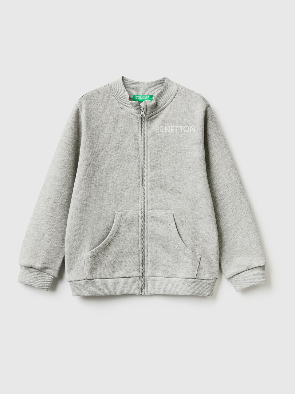 Benetton, Sweatshirt With Zip In Organic Cotton, Light Gray, Kids