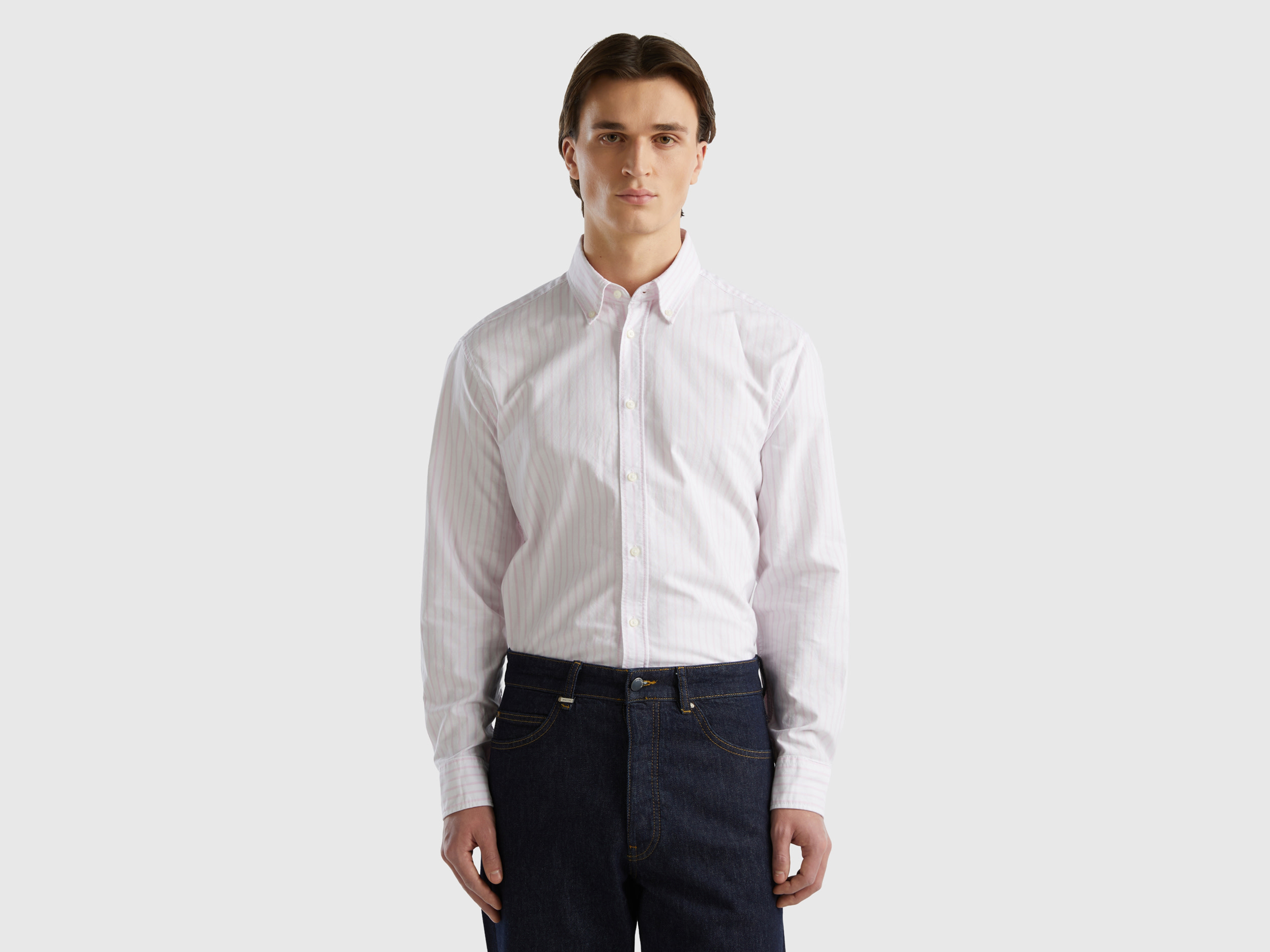 Benetton, 100% Cotton Striped Shirt, size XXL, White, Men