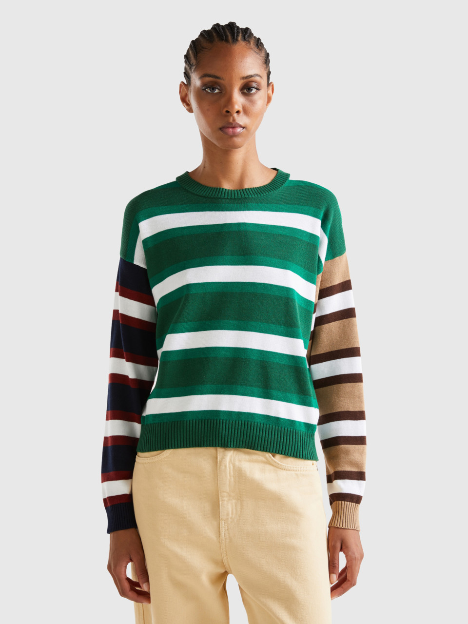 Benetton, Striped Sweater In Pure Cotton, Dark Green, Women