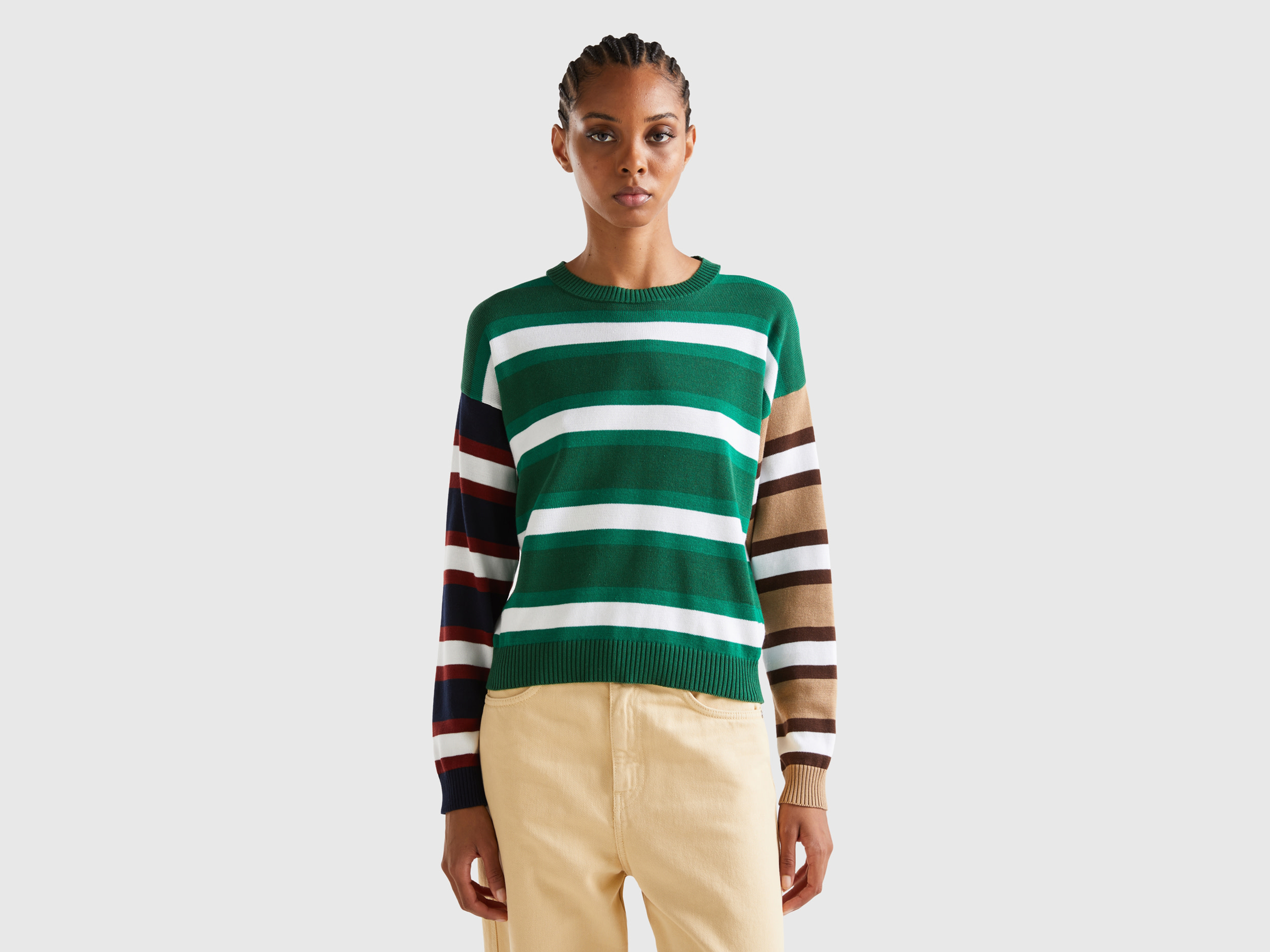 Benetton, Striped Sweater In Pure Cotton, size XS-S, Dark Green, Women