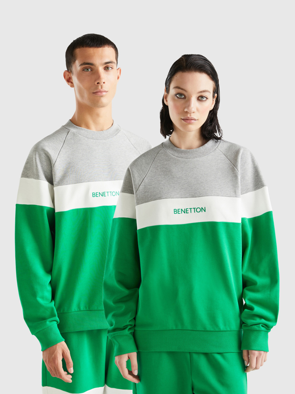 Benetton, Green And Light Gray Sweatshirt, Green, Women