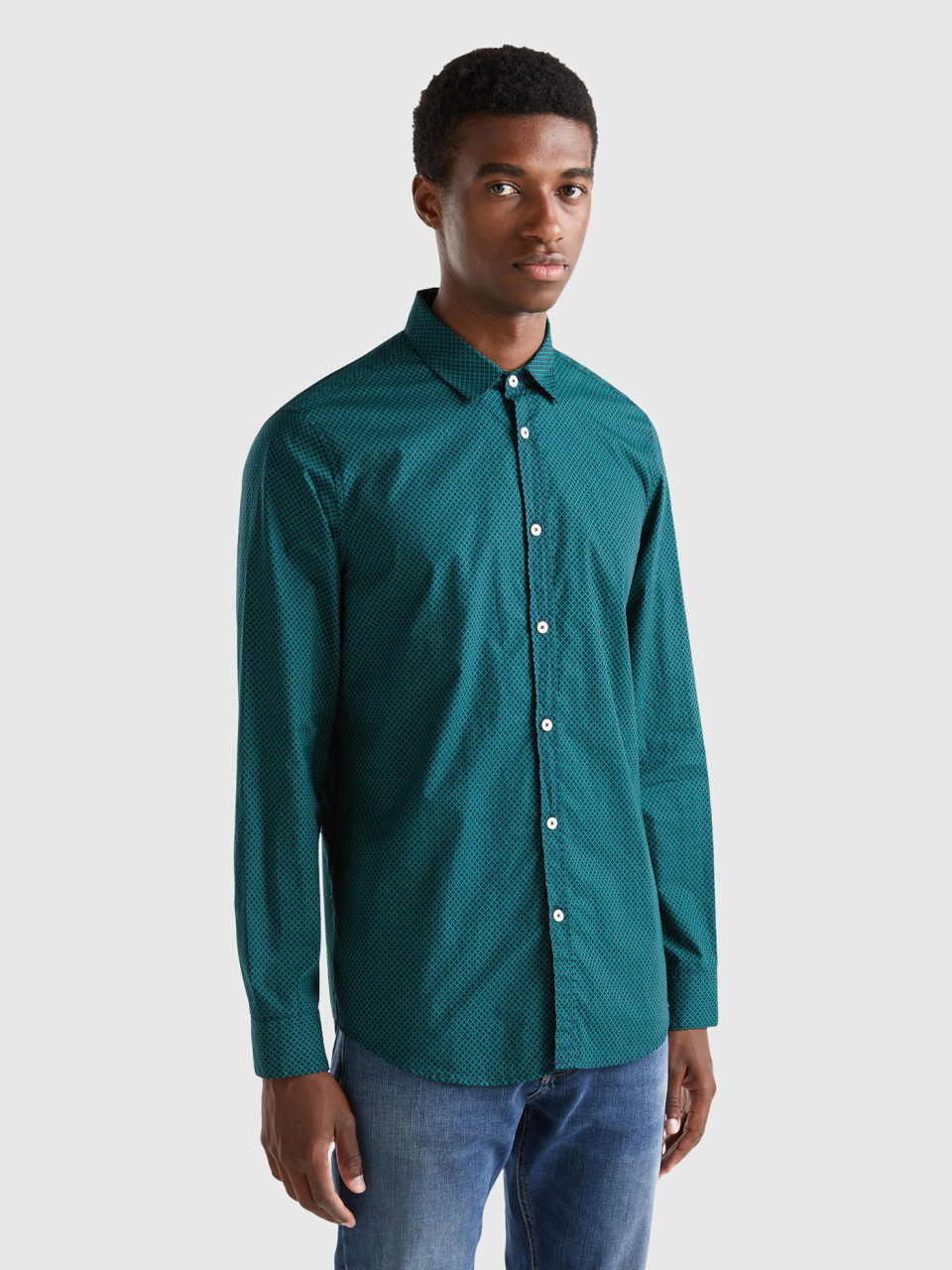 Benetton, Patterned Slim Fit Shirt, Dark Green, Men