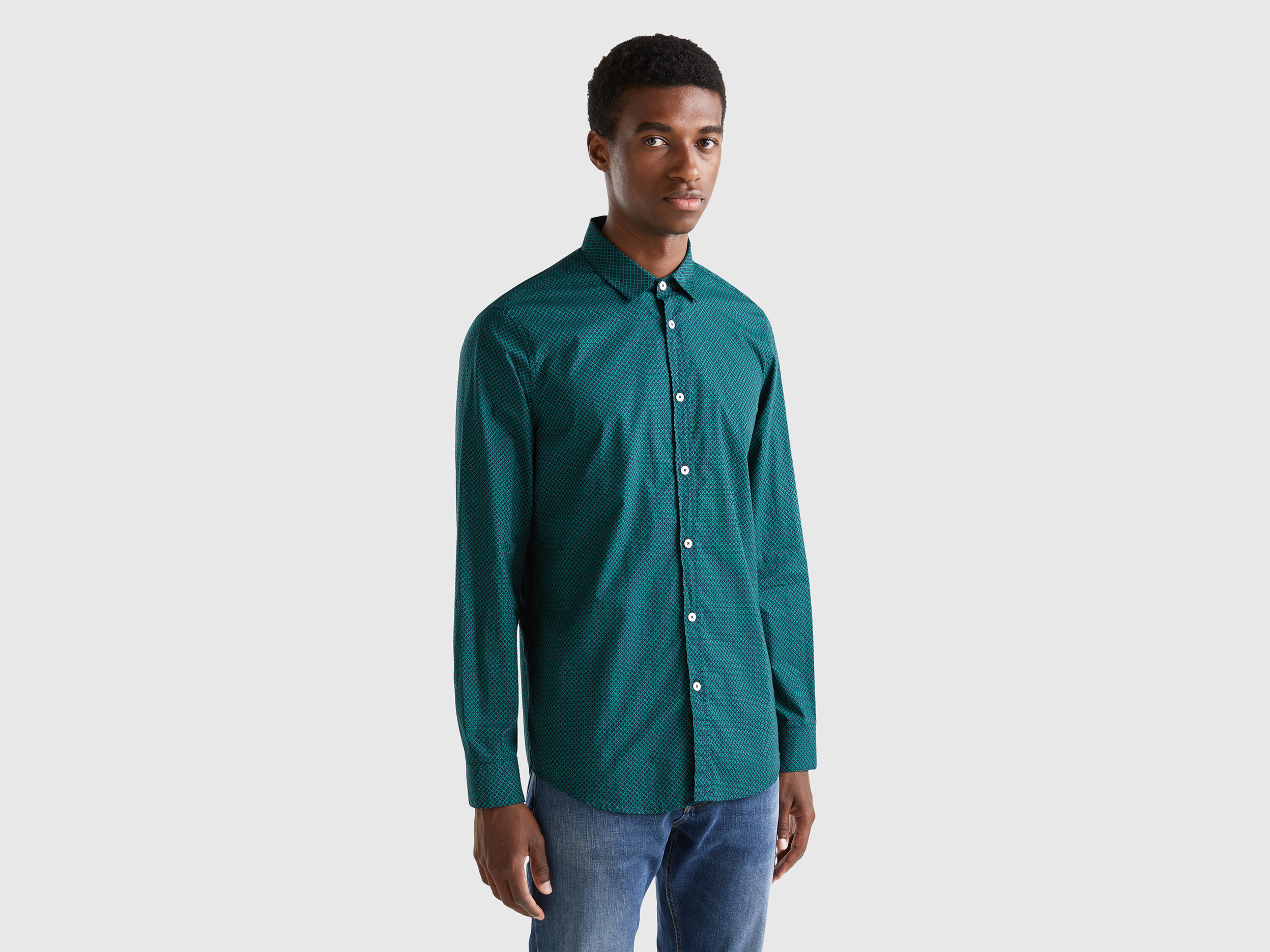Benetton, Patterned Slim Fit Shirt, size L, Dark Green, Men