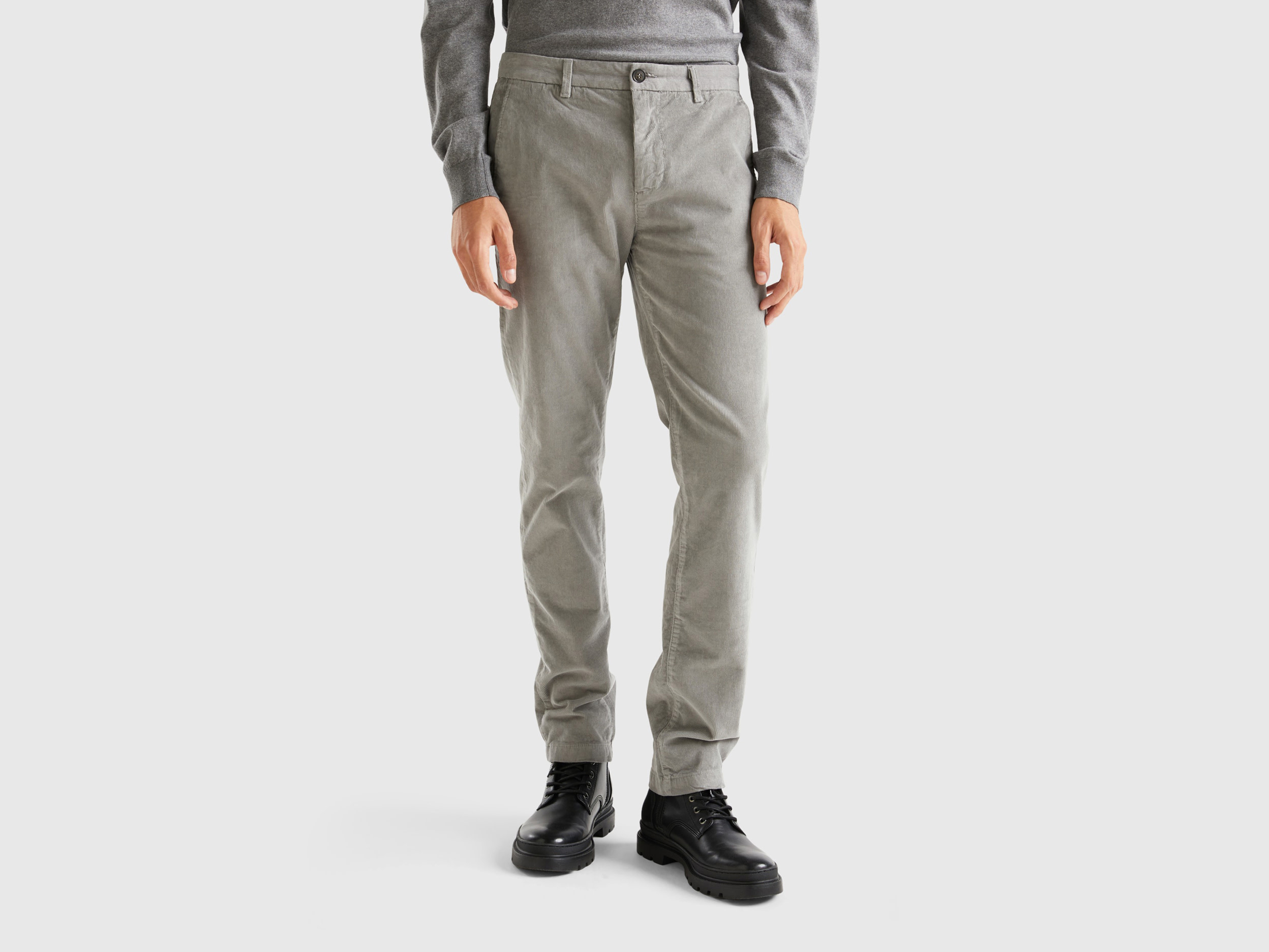 Benetton, Stretch Velvet Trousers, size 48, Light Gray, Men