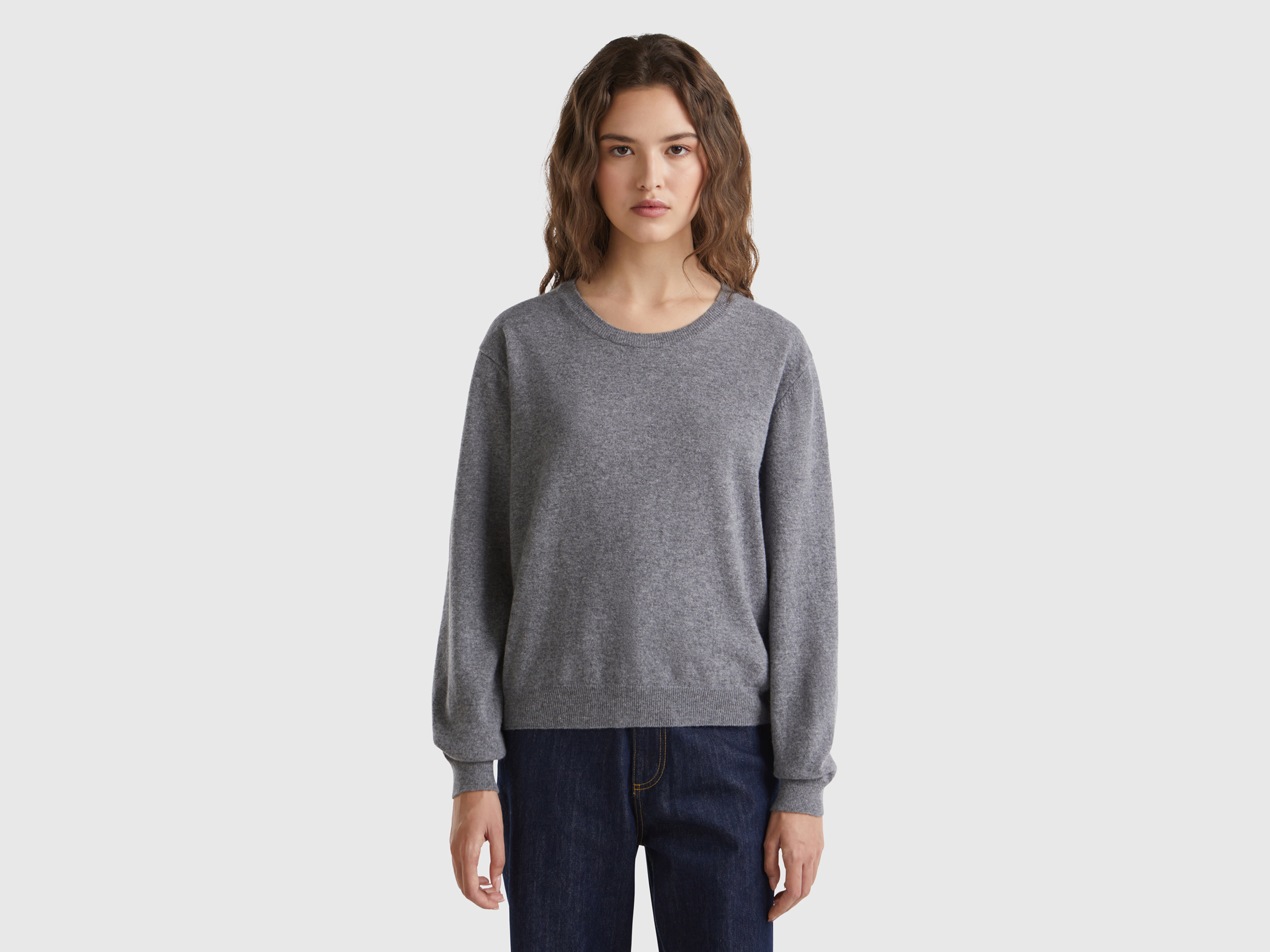 Benetton, Maglia Relaxed Fit In Pura Lana Merino, Grigio, Donna