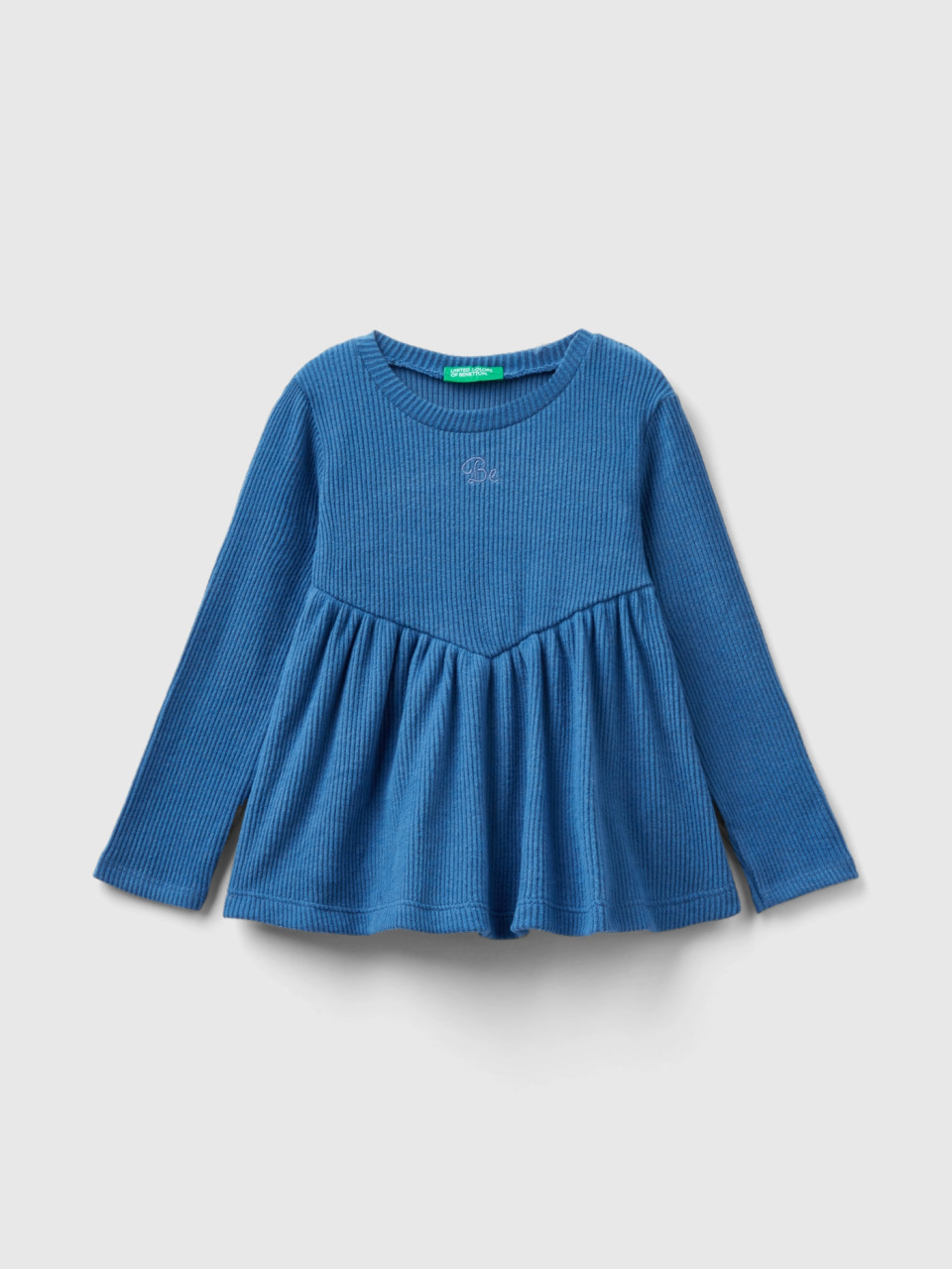 Benetton, T-shirt Chaud Et Froncé À Bords-côtes, Bleu Horizon, Enfants