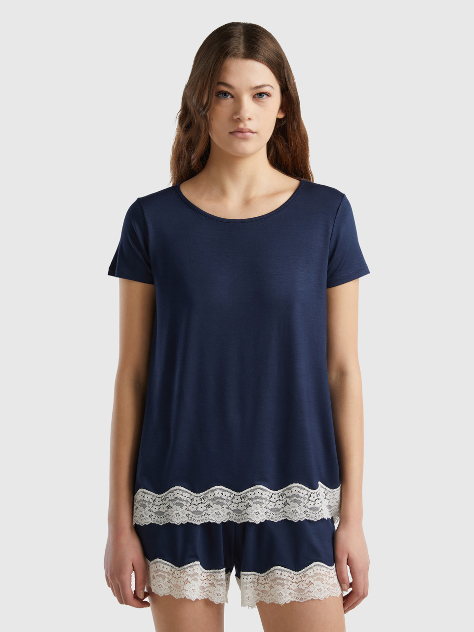 Benetton, Short Sleeve T-shirts With Lace, Dark Blue, Women