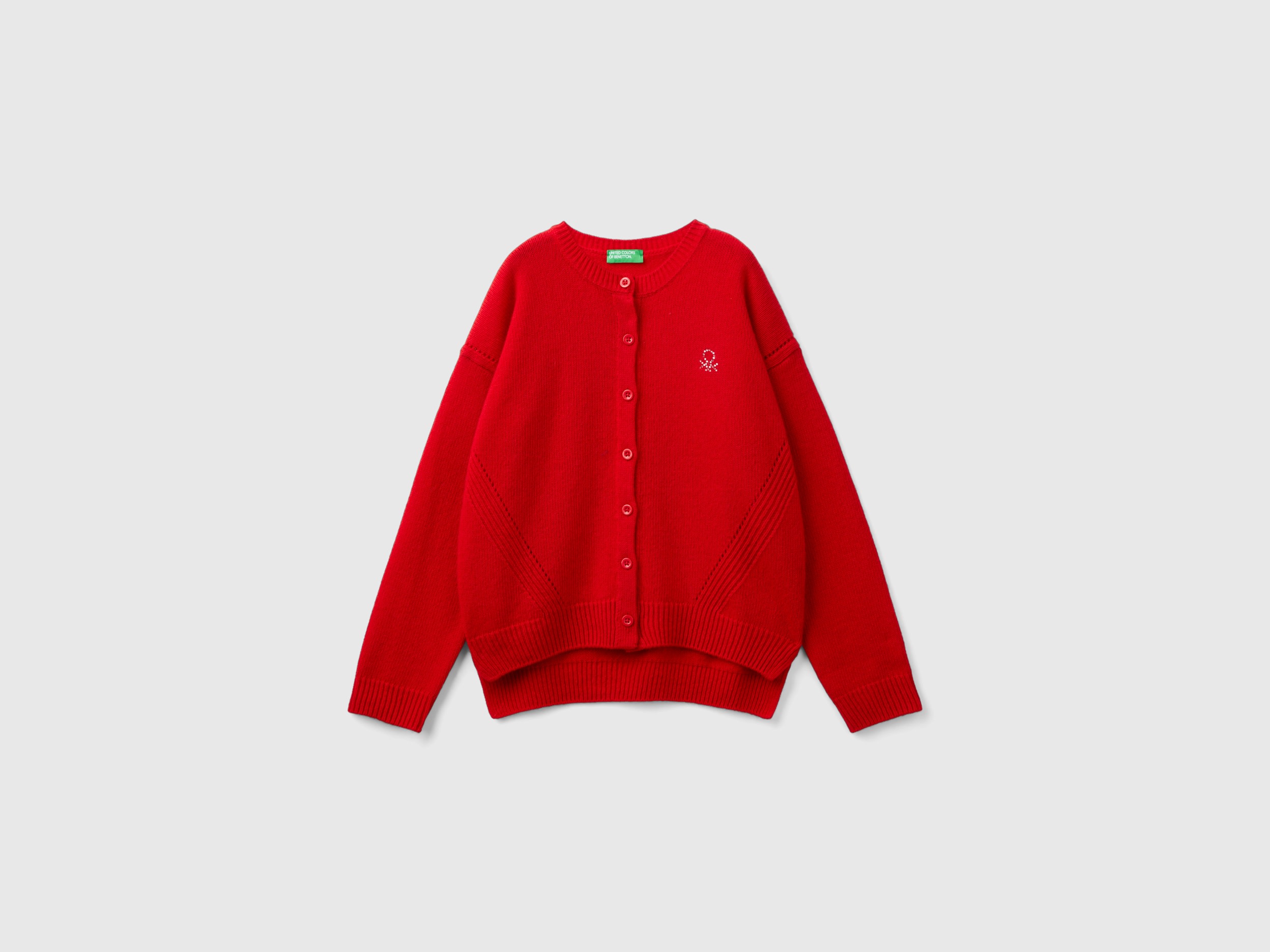 Benetton, Cardigan Girocollo Con Logo In Strass, Rosso, Bambini