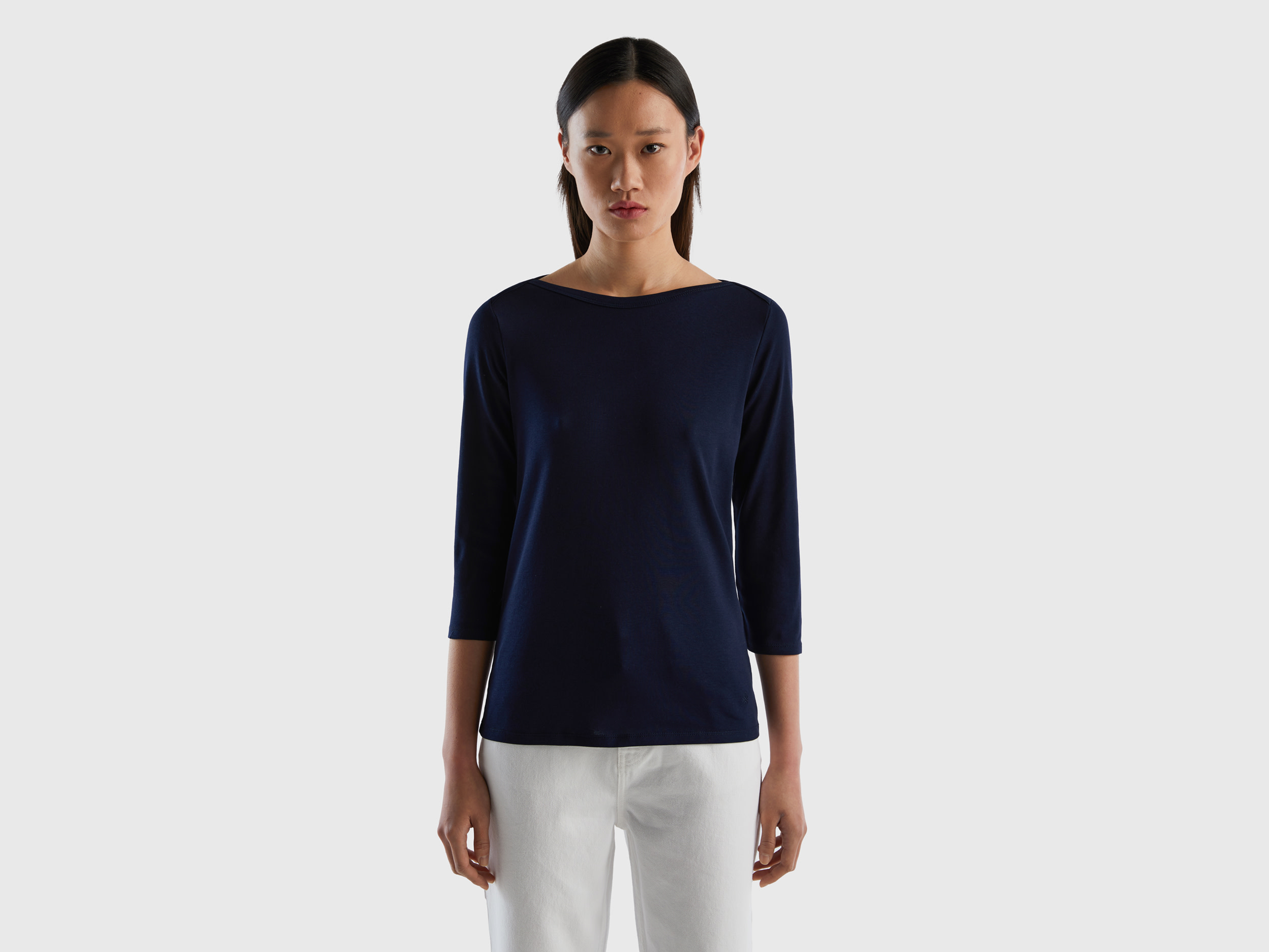 Benetton, T shirt Con Scollo A Barchetta 100% Cotone, Blu Scuro, Donna Benetton, T shirt Con Scollo A Barchetta 100% Cotone, Blu Scuro, Donna
