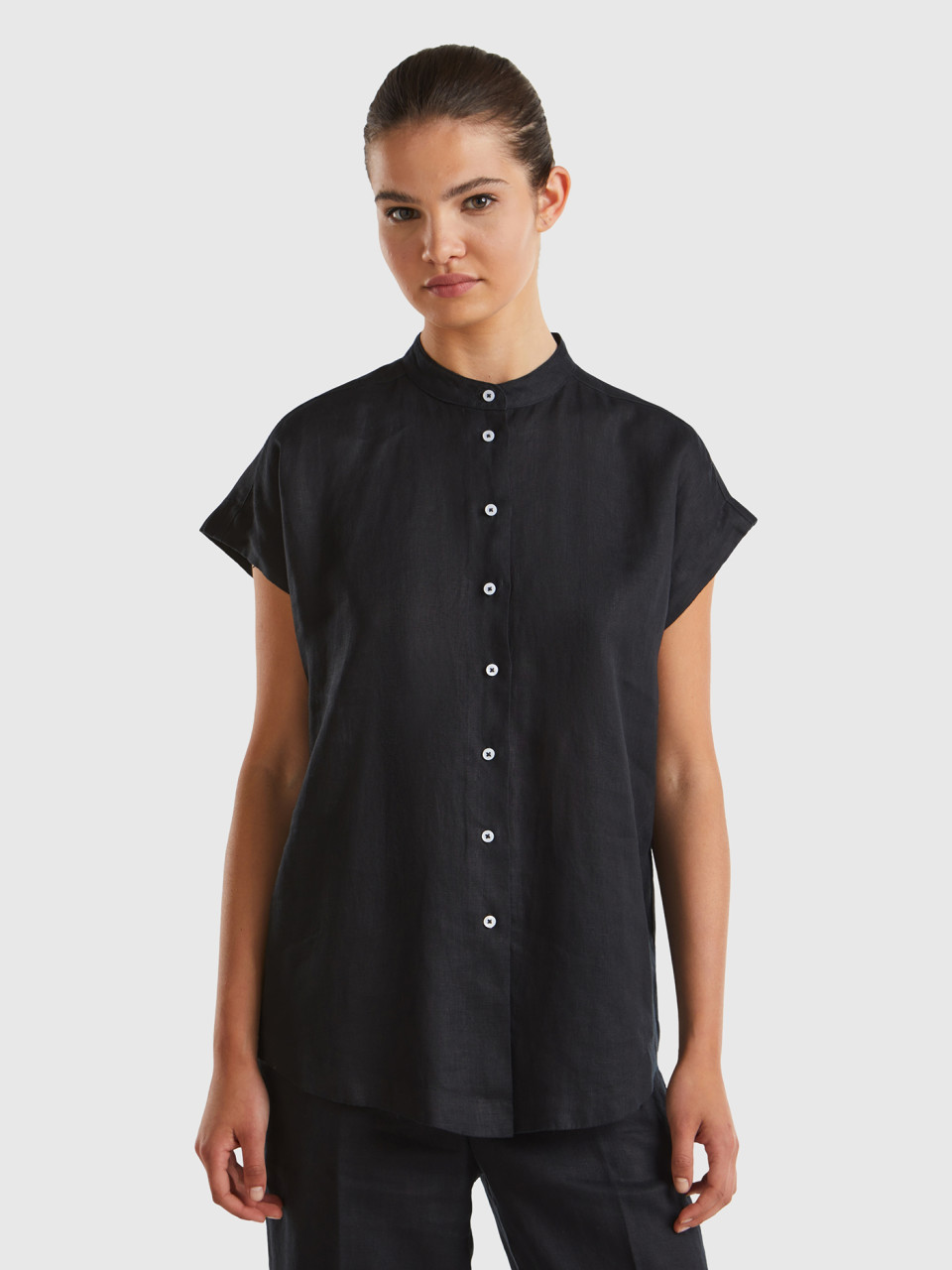 Benetton, Mandarin Shirt In Pure Linen, Black, Women