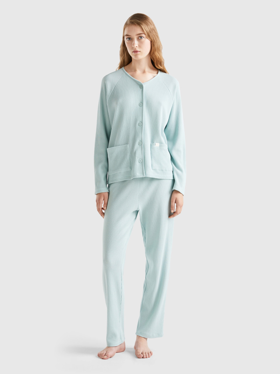 Benetton, Pyjama Long En Pur Coton, Bleu Vert, Femme
