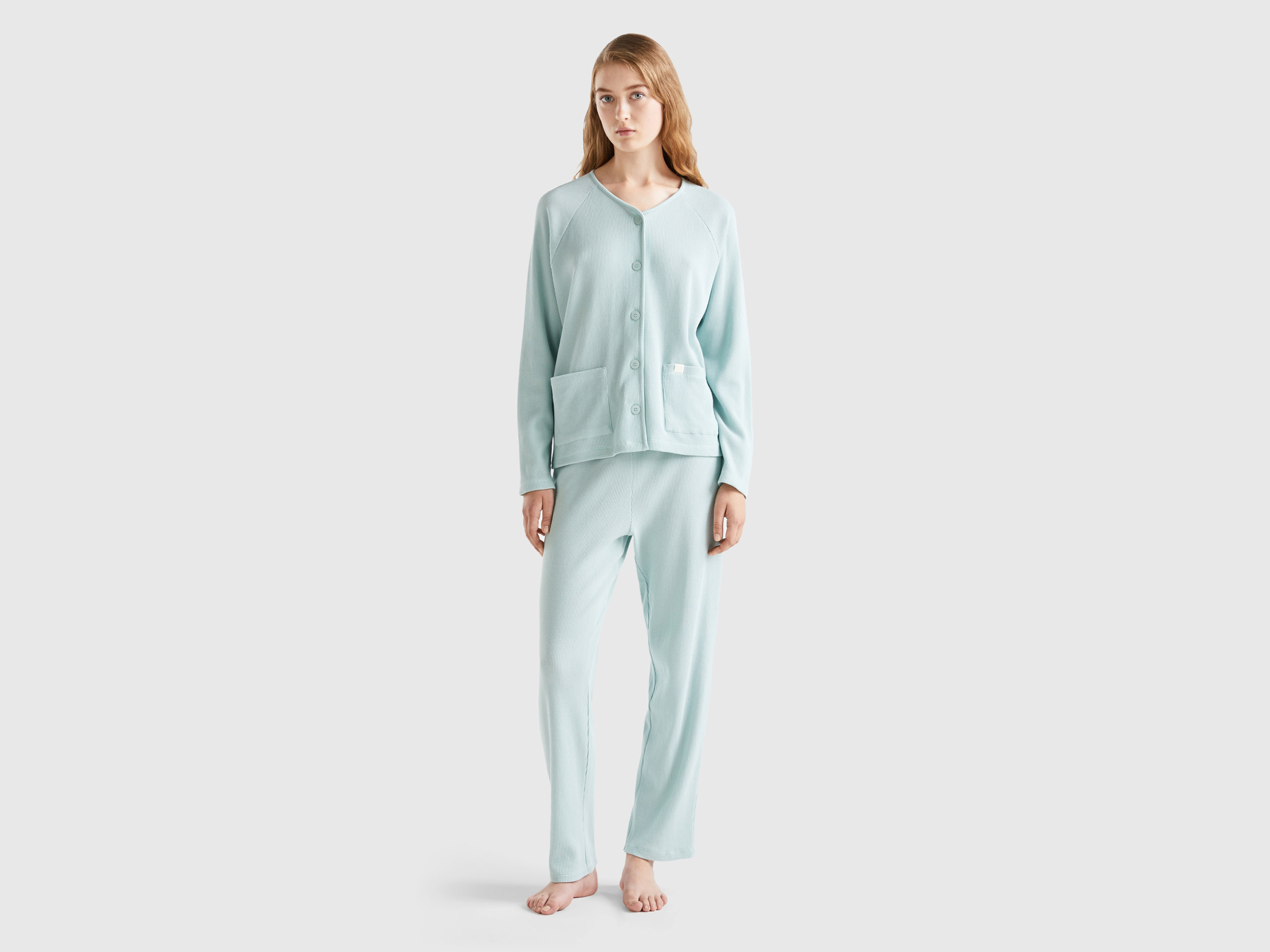 Benetton, Long Pyjamas In Pure Cotton, size S, Aqua, Women