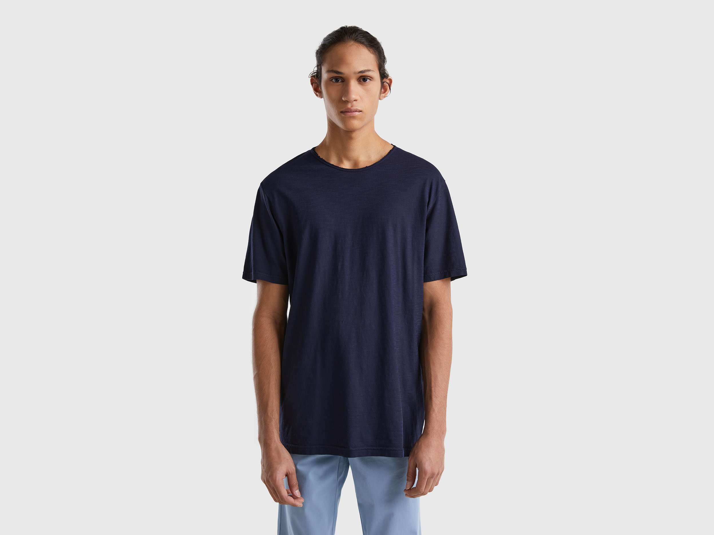 Benetton, Dark Blue T-shirt In Slub Cotton, size L, Dark Blue, Men