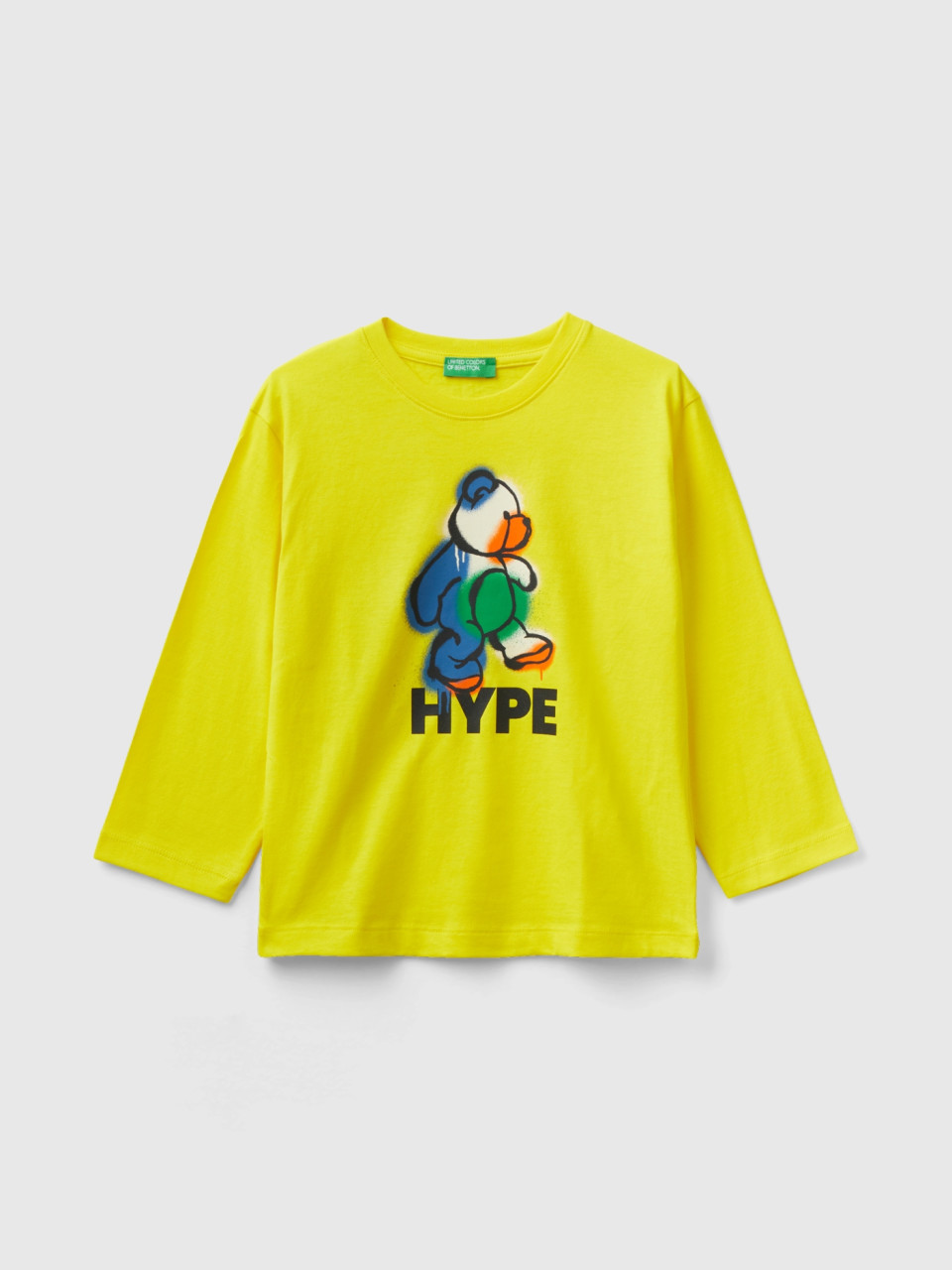 Benetton, Crew Neck T-shirt With Print, Yellow, Kids
