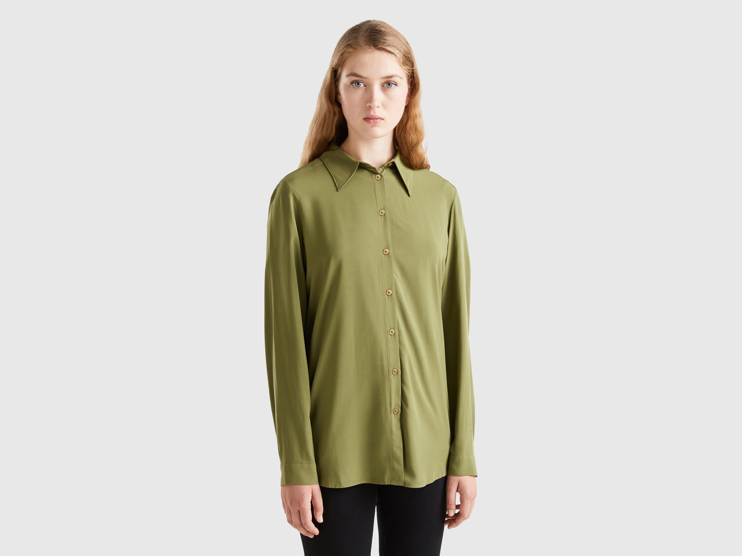 Benetton, Regular Fit Shirt In Sustainable Viscose, size L, Military Green, Women