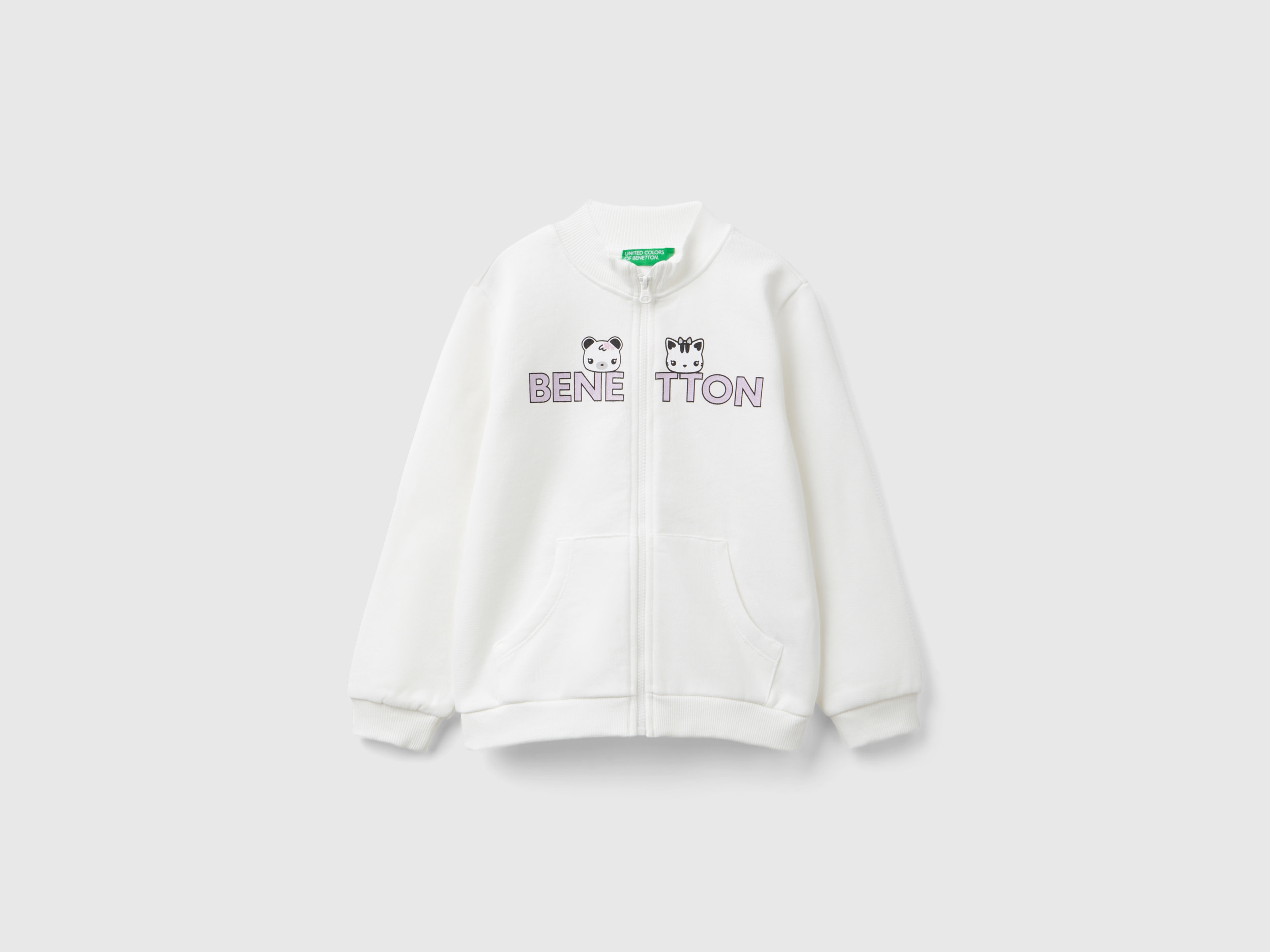 Benetton, Felpa Con Zip In Cotone Bio, Bianco Panna, Bambini