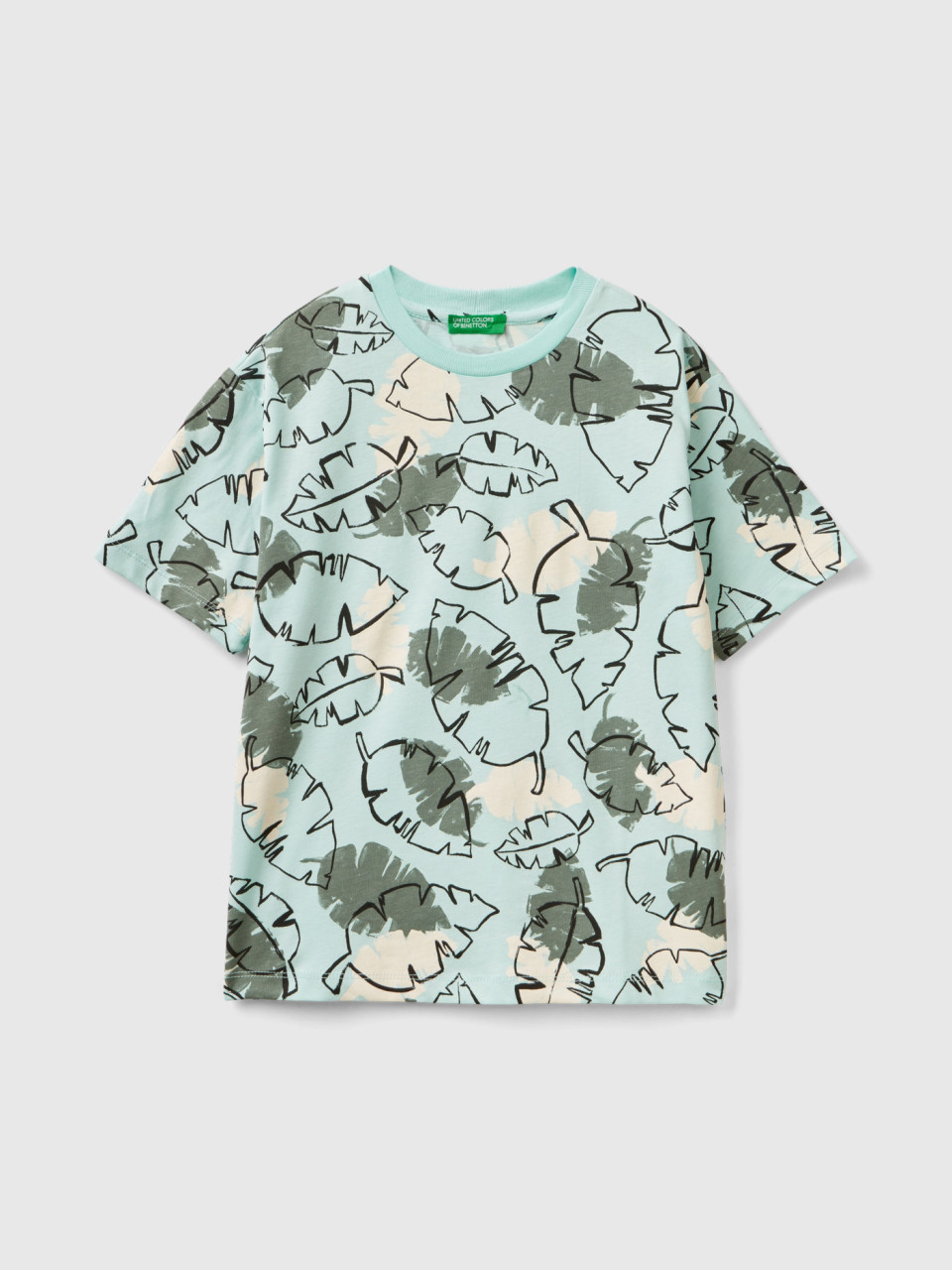 Benetton, T-shirt With Tropical Print, Aqua, Kids