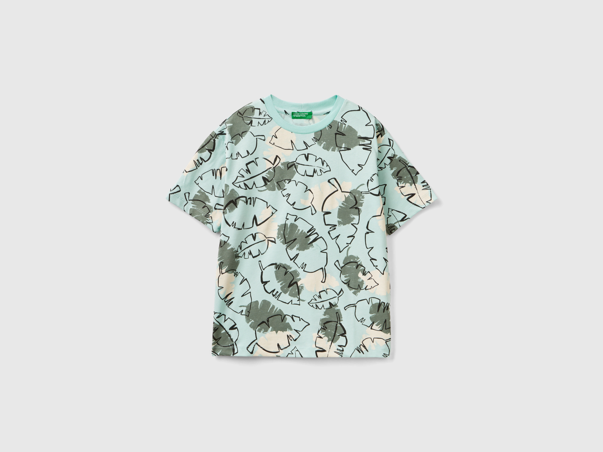 Benetton, T-shirt Con Stampa Tropicale, Verde Acqua, Bambini