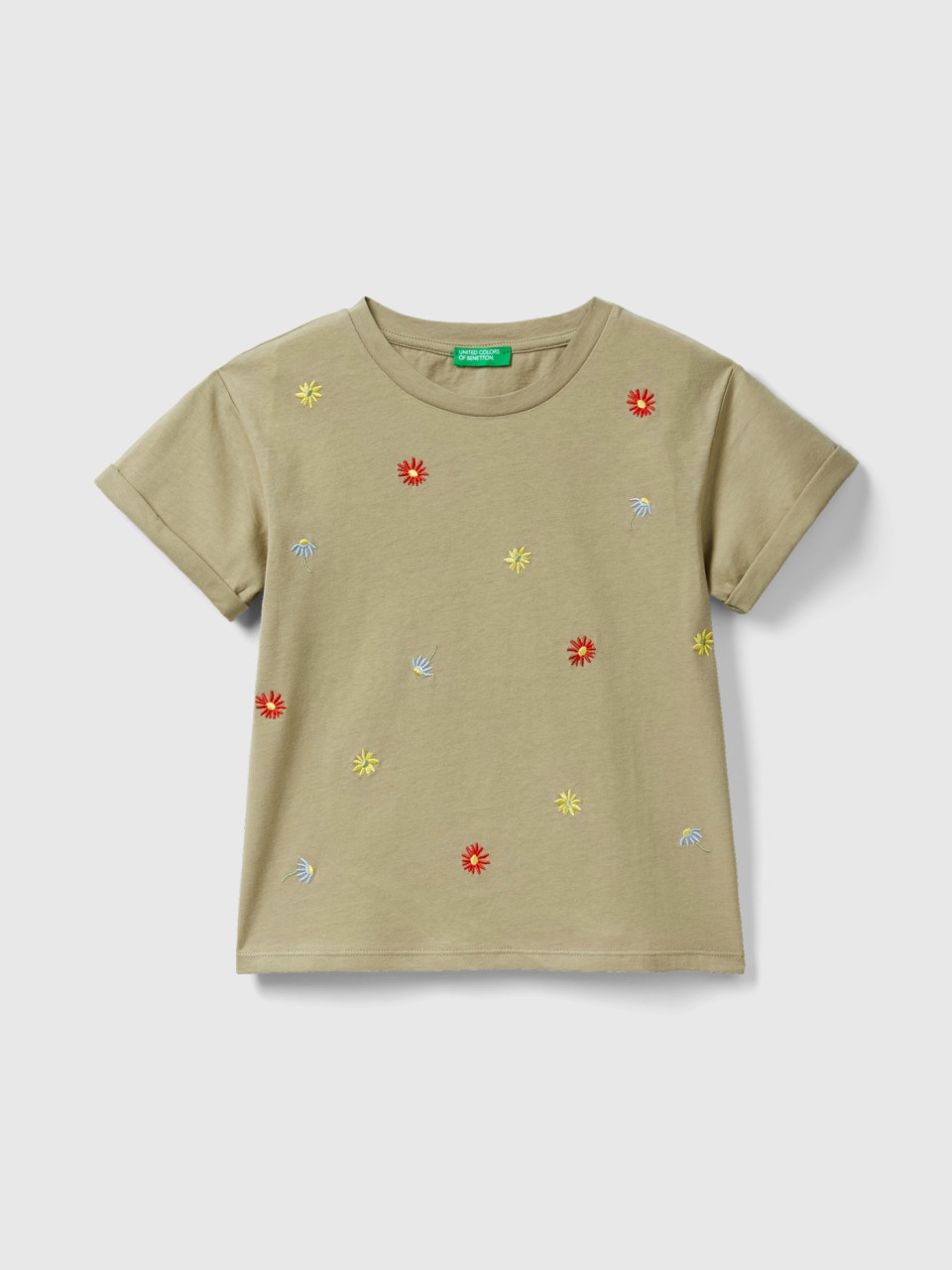Benetton, T-shirt With Embroidered Flowers, Light Green, Kids
