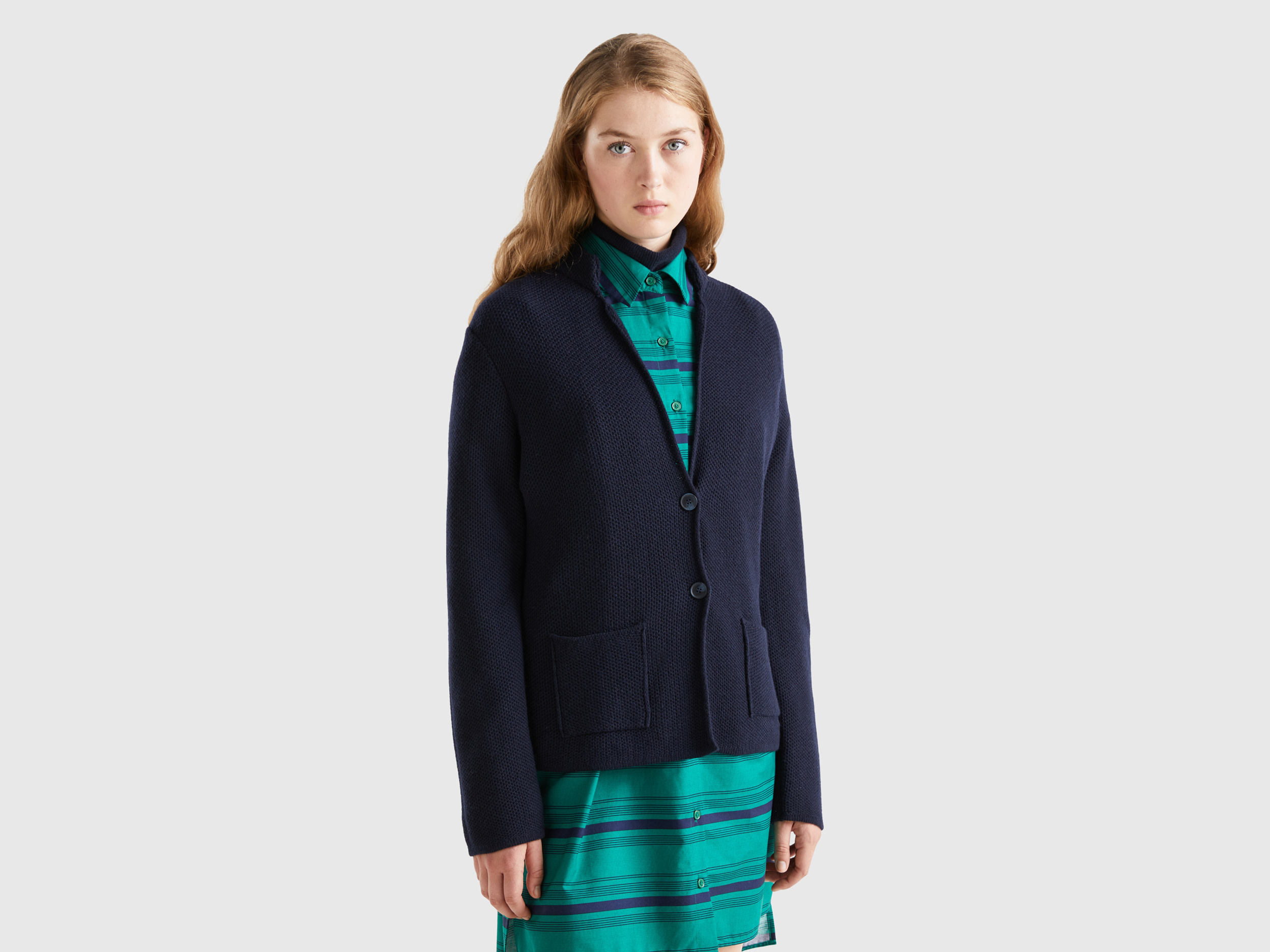 Benetton, Knit Jacket In Wool And Cashmere Blend, size XL, Dark Blue, Women