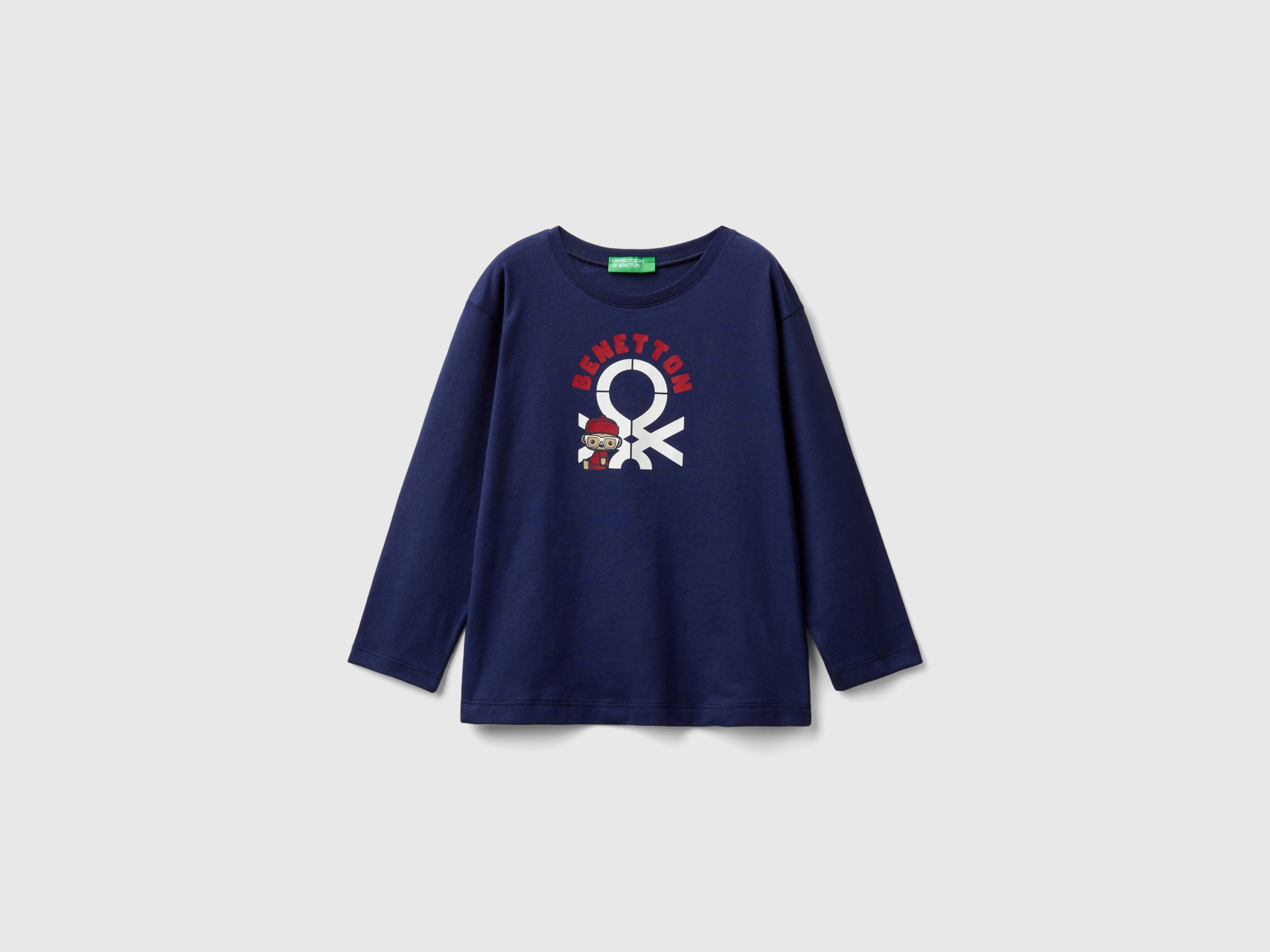 Benetton, T-shirt Manica Lunga In Cotone Bio, Blu Scuro, Bambini